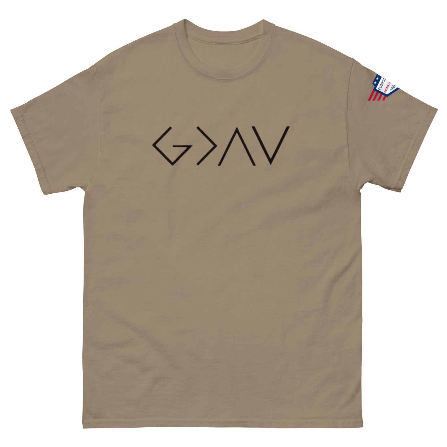 Front view of tan unisex t-shirt with bold black "God > All" print and US flag sleeve patch