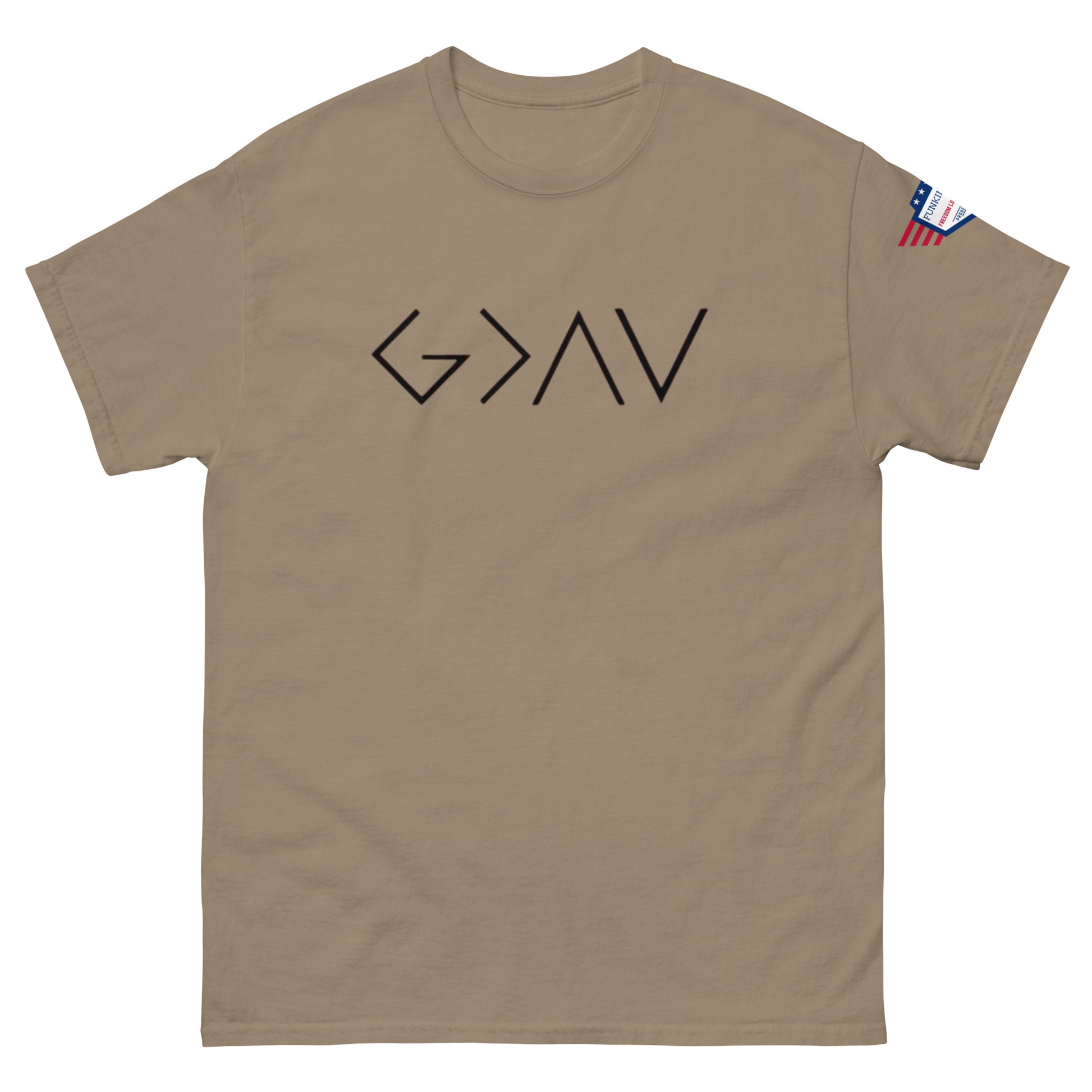 Front view of tan unisex t-shirt with bold black "God > All" print and US flag sleeve patch