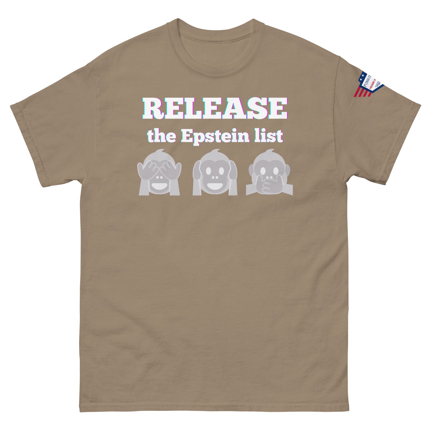 Tan unisex tee front view, glowing "RELEASE THE EPSTEIN LIST" print with gray monkey emojis, US flag sleeve patch