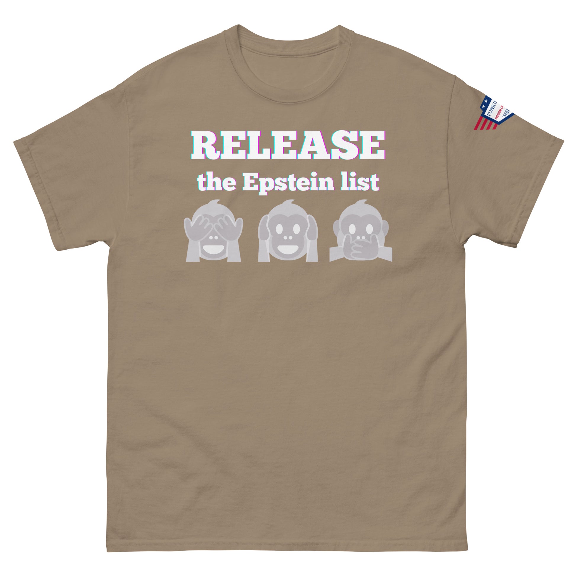 Tan unisex tee front view, glowing "RELEASE THE EPSTEIN LIST" print with gray monkey emojis, US flag sleeve patch
