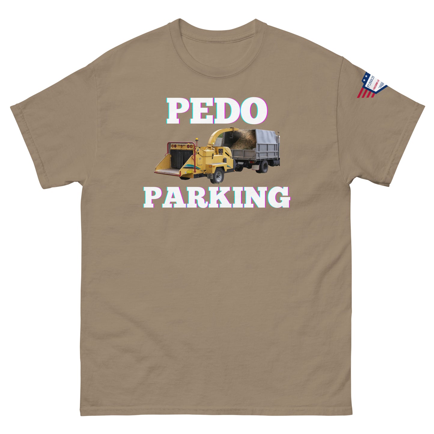 Front view of tan tee featuring shiny "PEDODO PARKING" truck print and flag sleeve patch