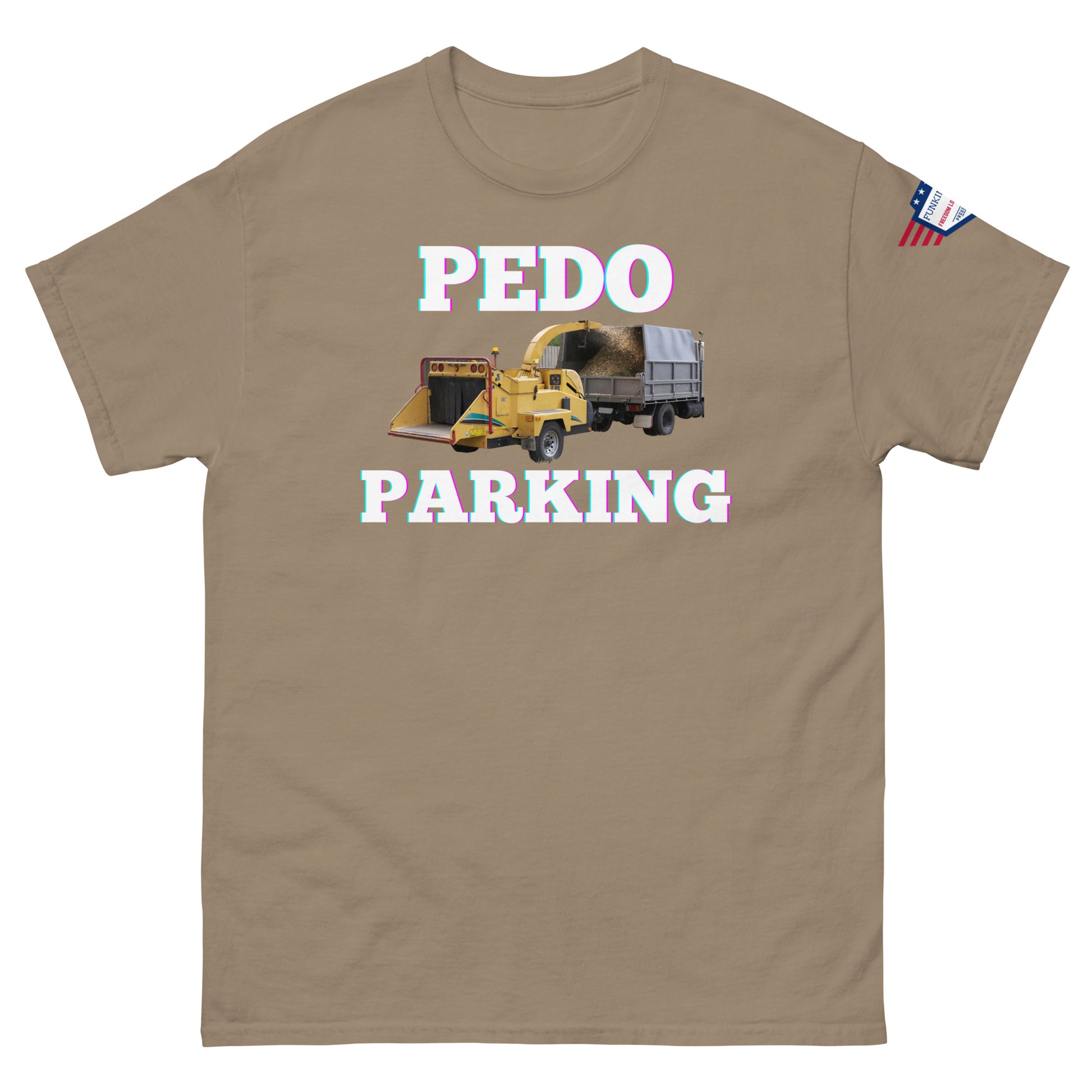 Front view of tan tee featuring shiny "PEDODO PARKING" truck print and flag sleeve patch