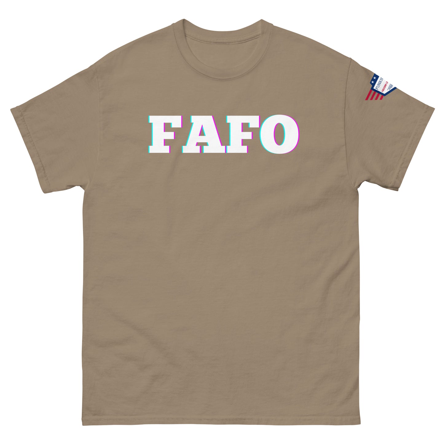 Front view of beige unisex tee with crisp "FAFO" glitch text in white/cyan/magenta and small flag patch