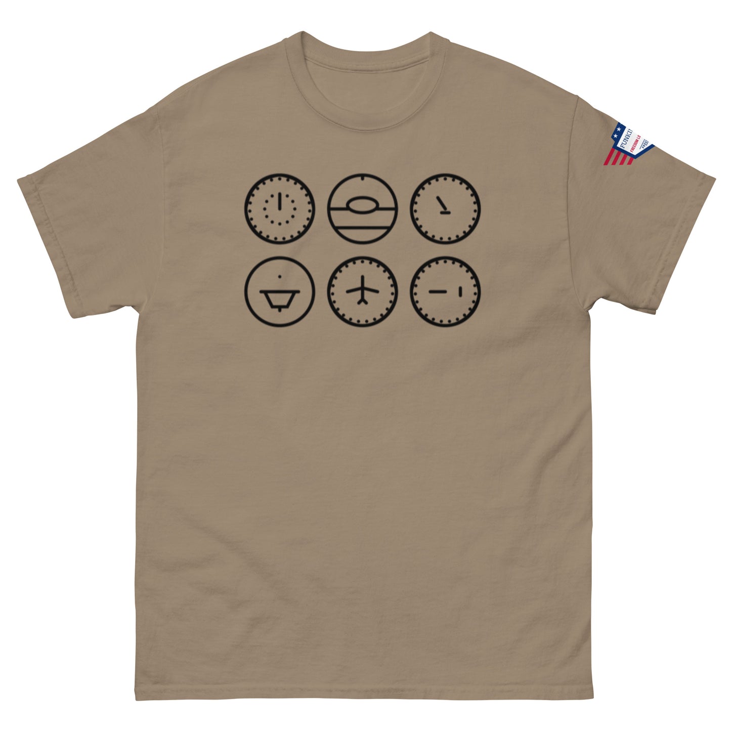 Front view of sand tan unisex t-shirt showing six black stylized clock faces, flag sleeve label