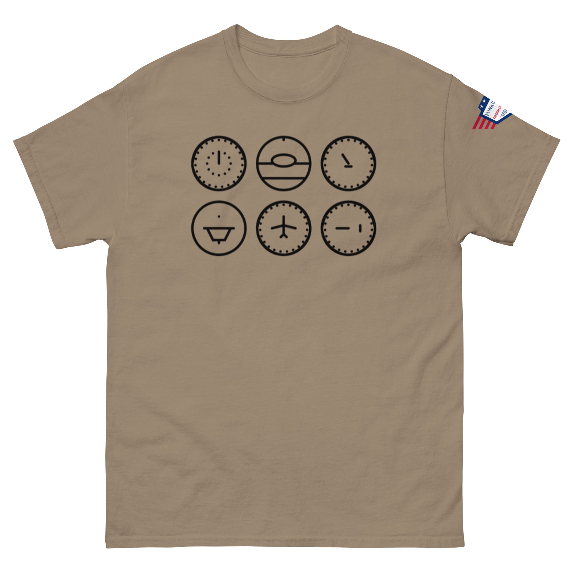 Front view of sand tan unisex t-shirt showing six black stylized clock faces, flag sleeve label