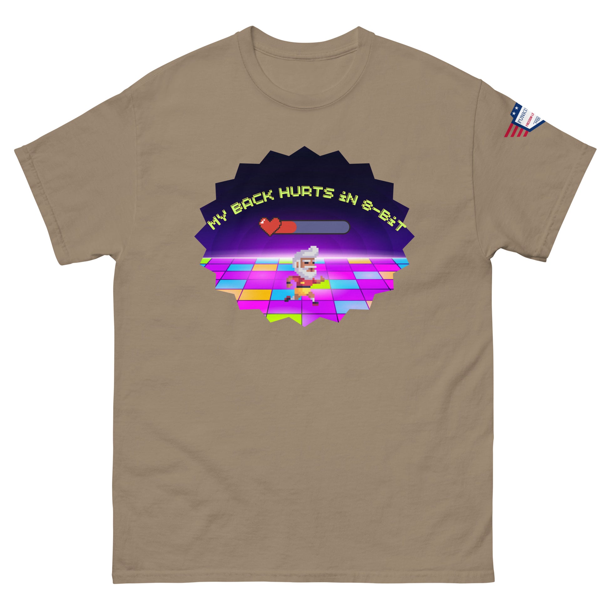 Front view of tan unisex tee showing "My Back Hurts 98%" pixelated chef grooving on disco tiles, USA sleeve patch