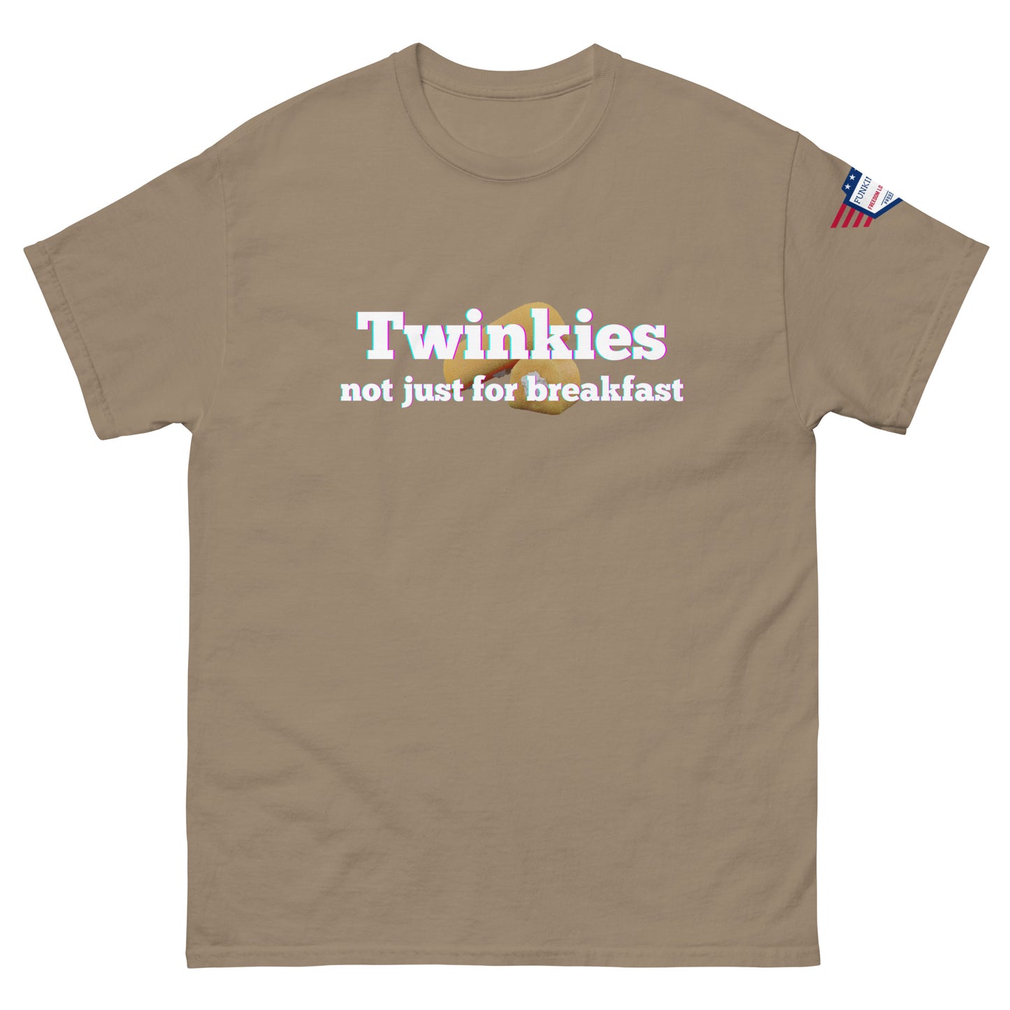 Front view of tan unisex tee with rainbow "Twinkies" over Twinkie graphic and white "not just for breakfast" text, flag sleeve patch