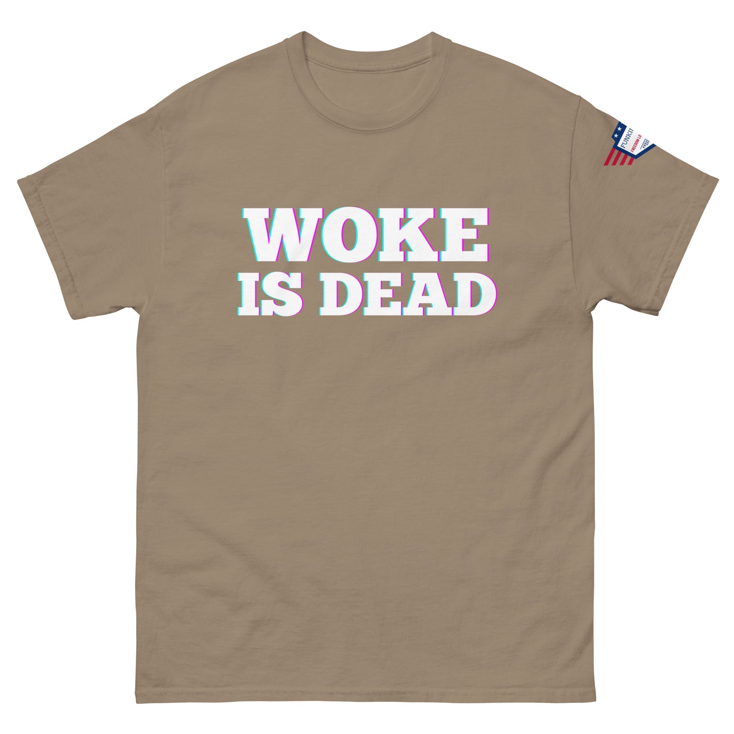 Front view of tan unisex tee featuring glitch white "WOKE IS DEAD" print and US flag sleeve detail