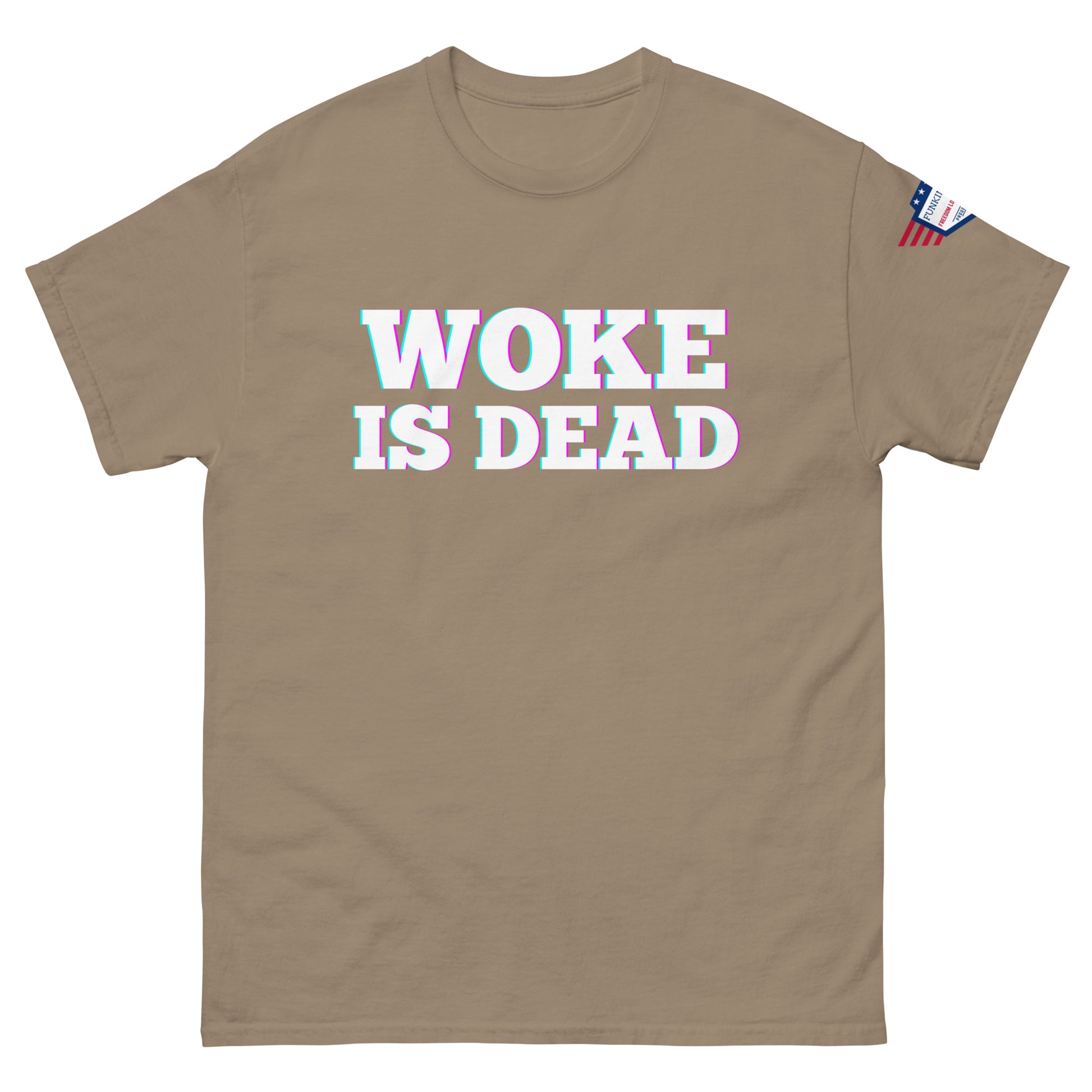 Front view of tan unisex tee featuring glitch white "WOKE IS DEAD" print and US flag sleeve detail