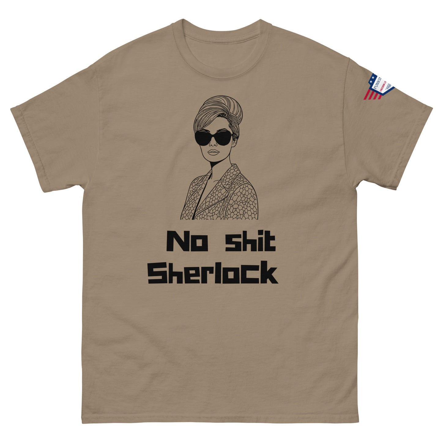 Front view of tan unisex tee featuring retro glam lady and bold "No shit Sherlock" print