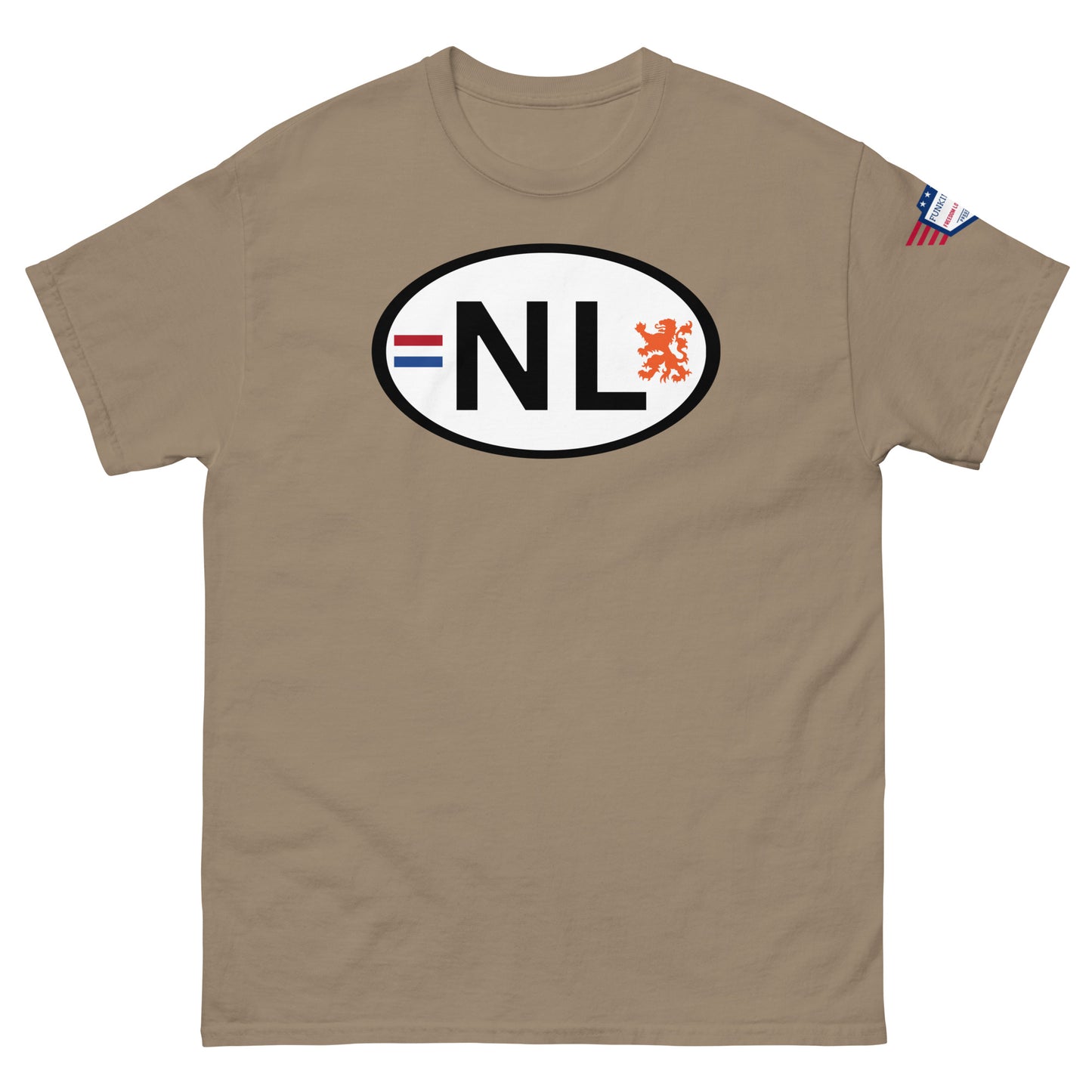 Front view of tan khaki unisex tee featuring white oval NL Dutch emblem with orange lion, USA patch