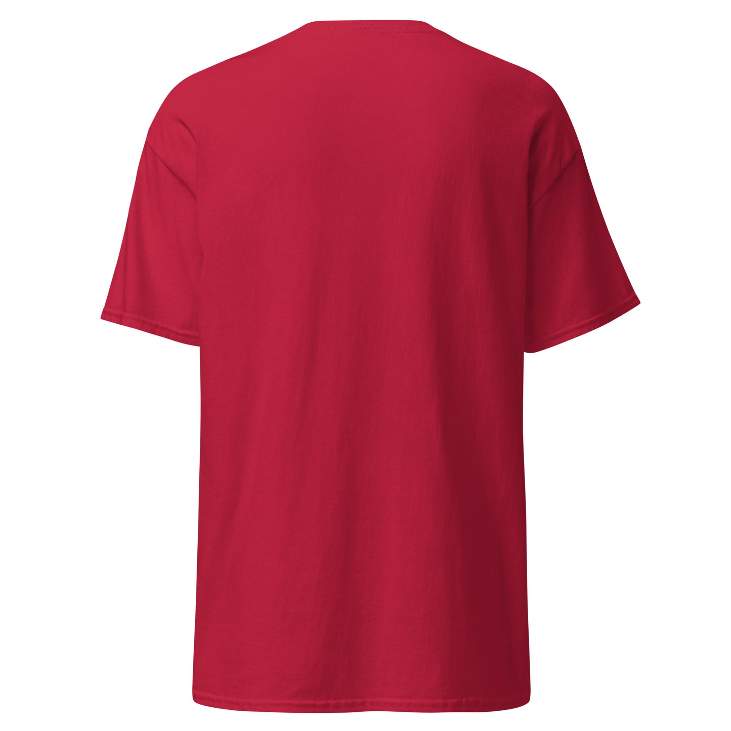Back view of plain red classic tee, clean front-only print
