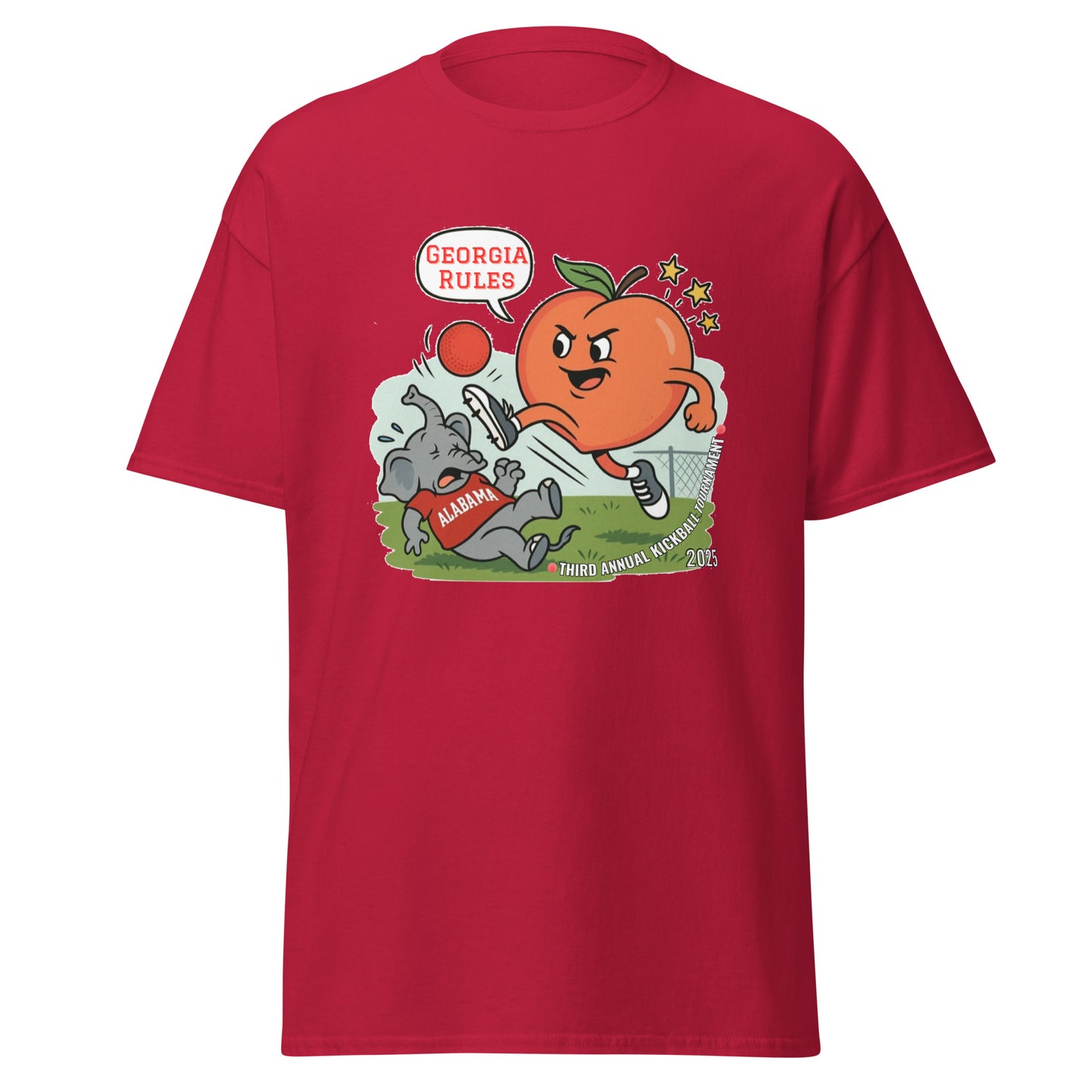 Front view of red classic tee featuring Georgia peach vs Alabama elephant kickball art, "Georgia Rules"