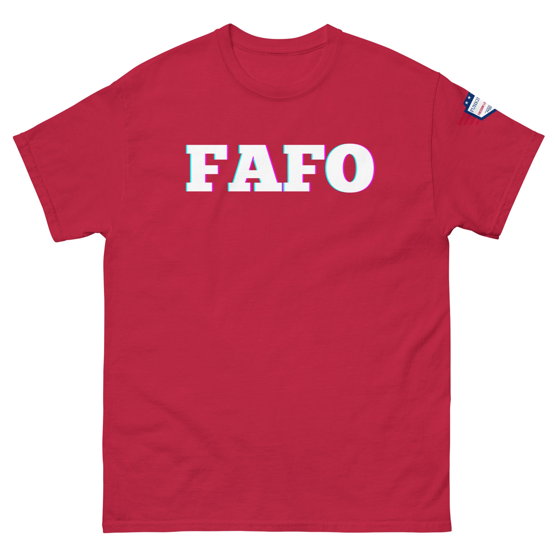 Front view of red unisex t-shirt with eye-popping glitchy "FAFO" in white/cyan/magenta and US flag on sleeve