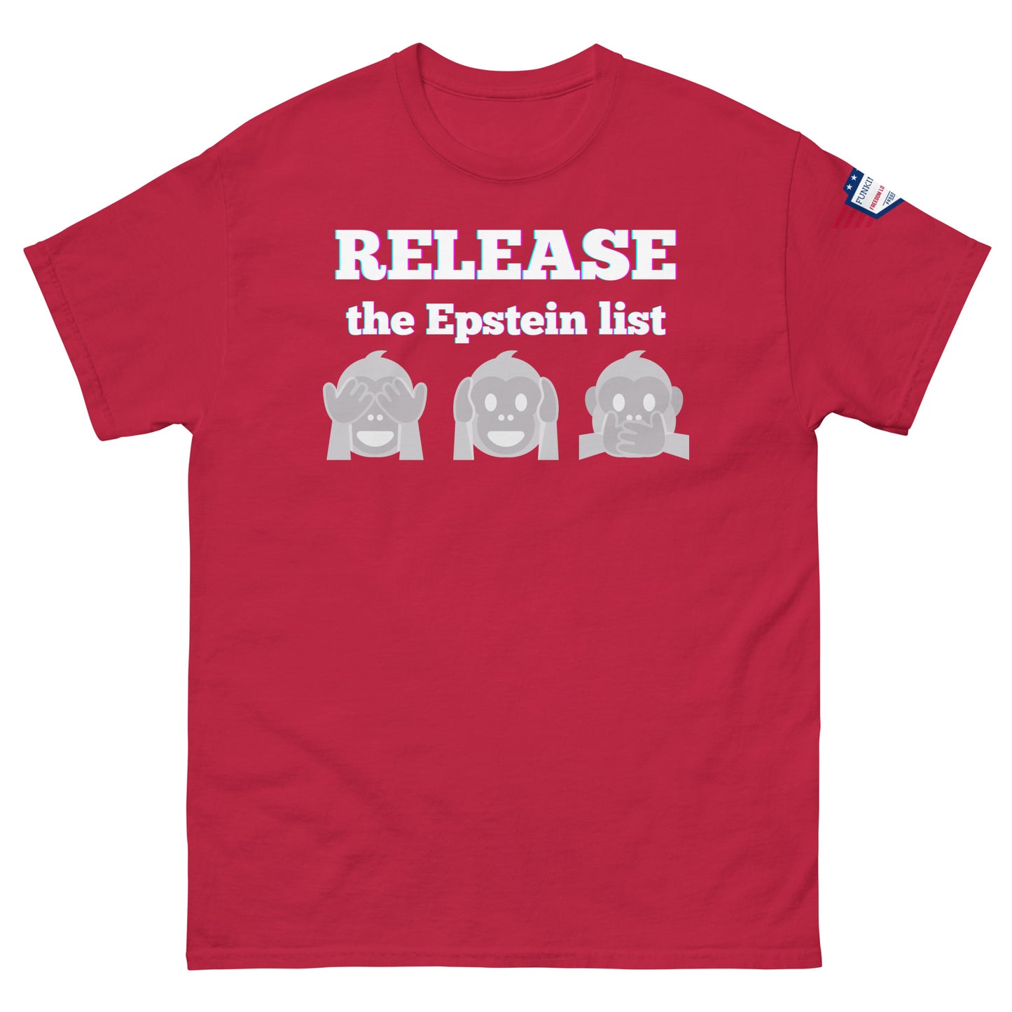 Red unisex tee front view, glowing "RELEASE THE EPSTEIN LIST" print with gray monkey emojis, US flag sleeve patch