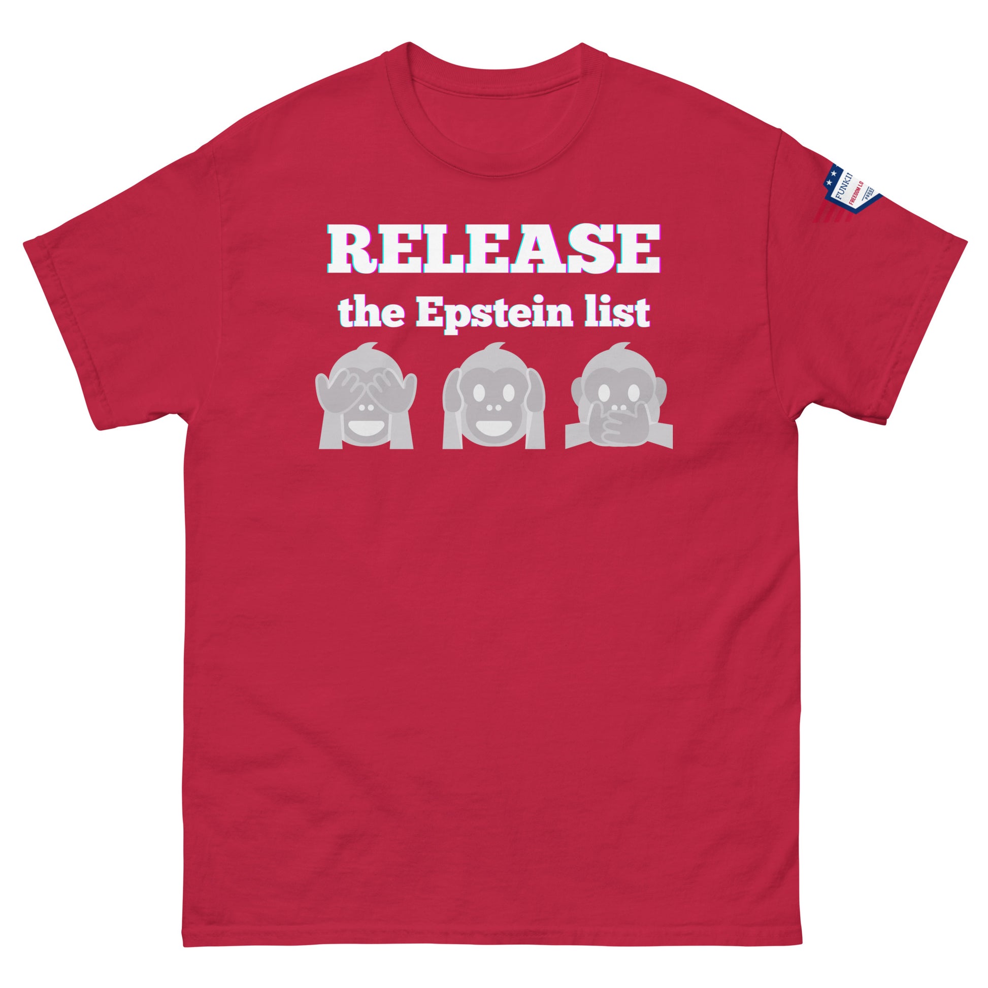 Red unisex tee front view, glowing "RELEASE THE EPSTEIN LIST" print with gray monkey emojis, US flag sleeve patch