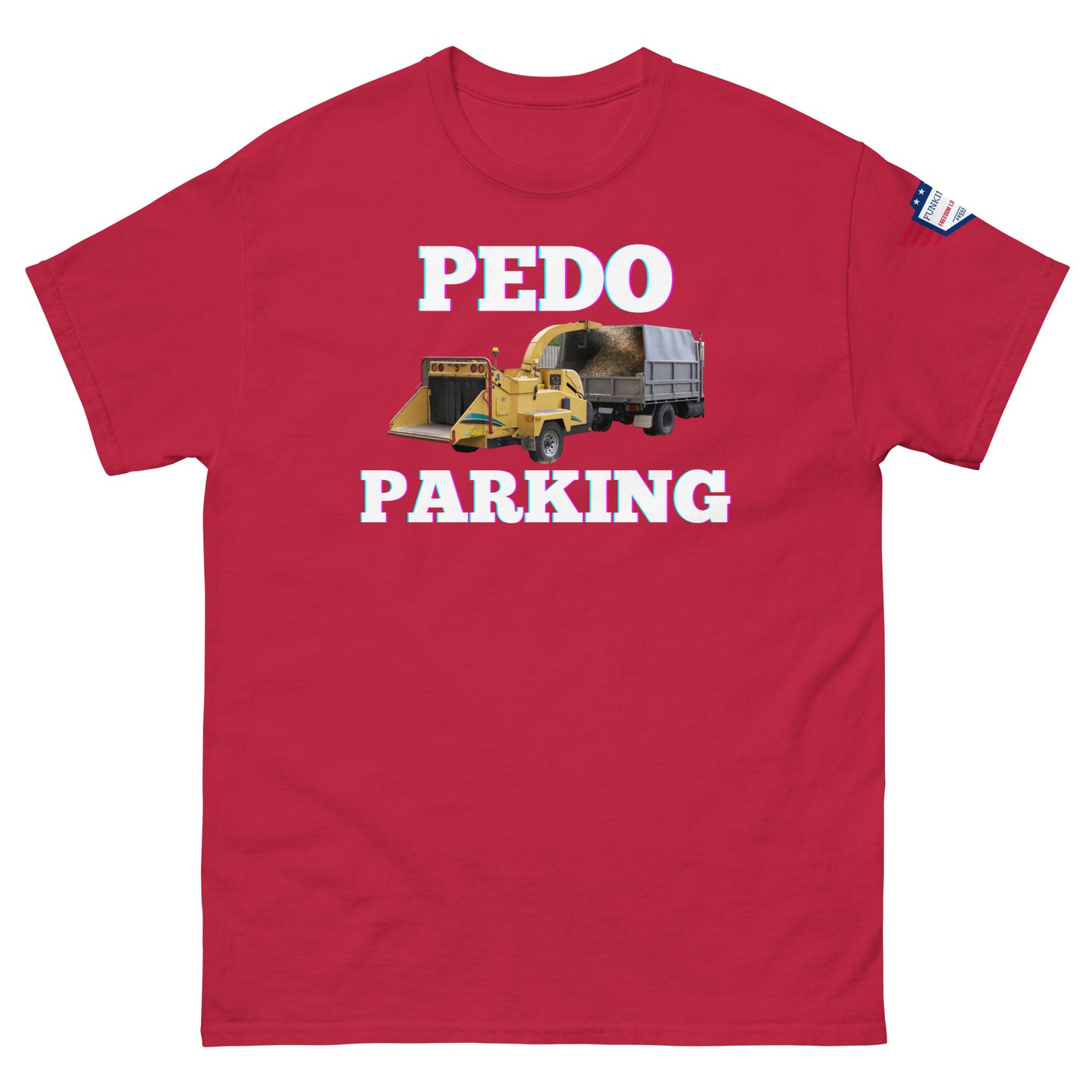 Front view of red tee with "PEDODO PARKING" absurd loader graphic and USA flag patch