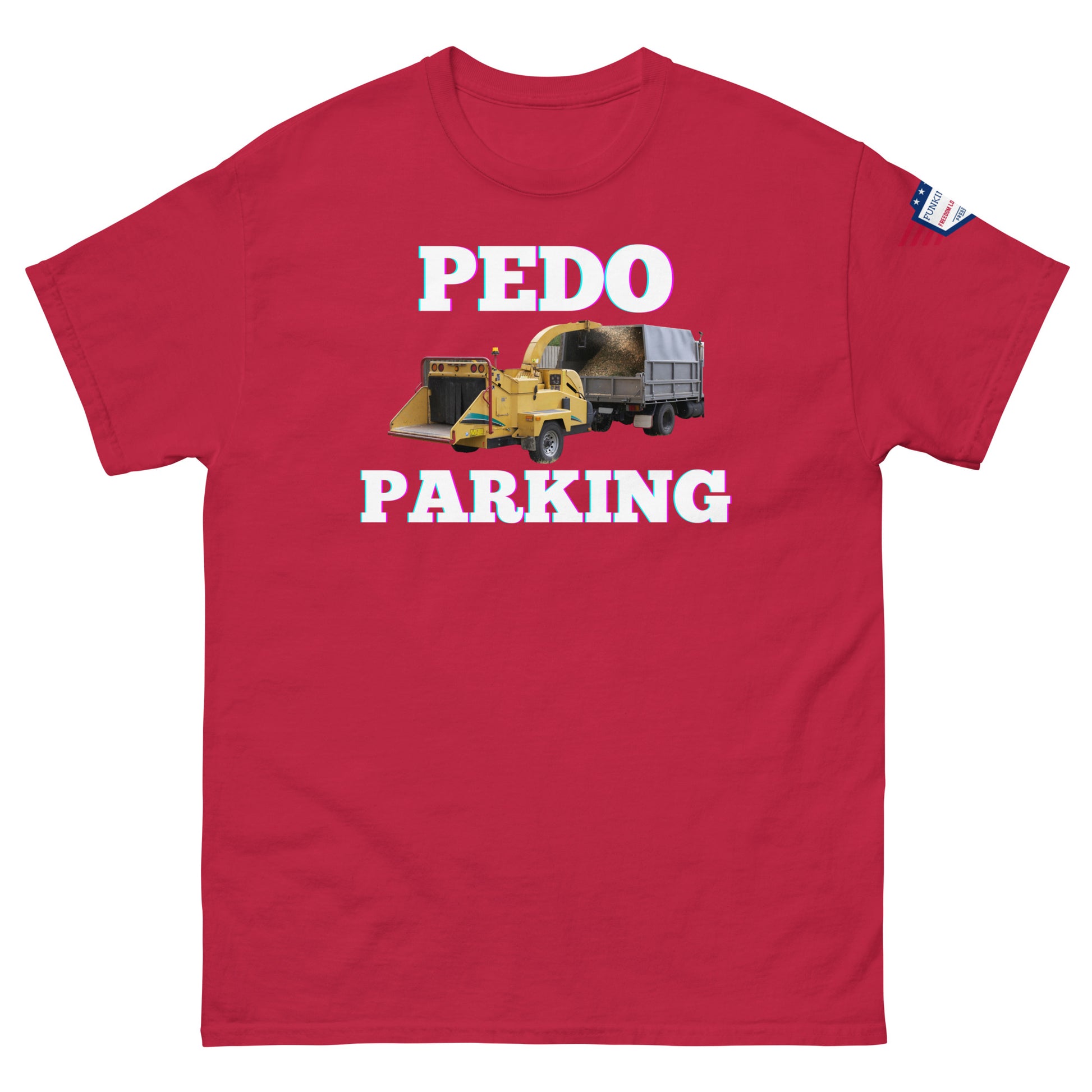 Front view of red tee with "PEDODO PARKING" absurd loader graphic and USA flag patch