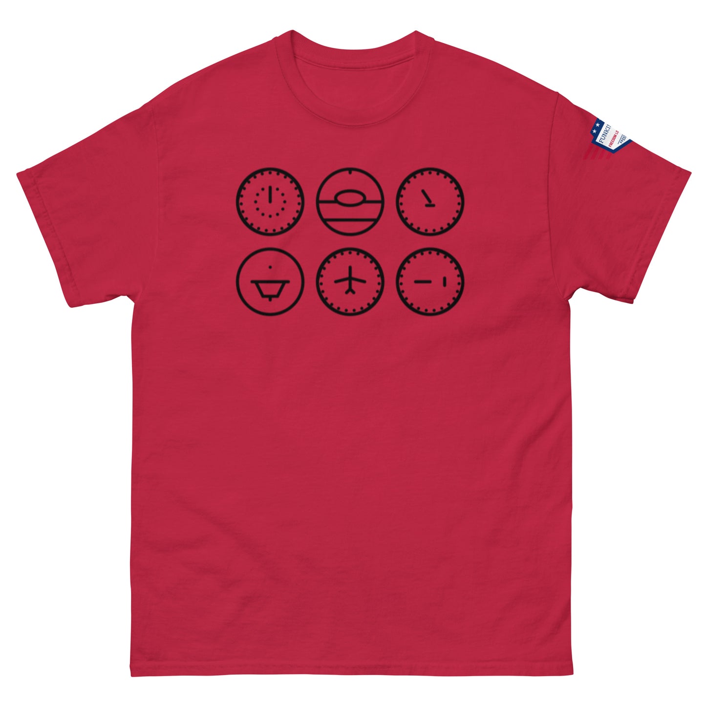 Front view of red unisex t-shirt with bold black clock emoji designs in 2x3 grid, US flag label
