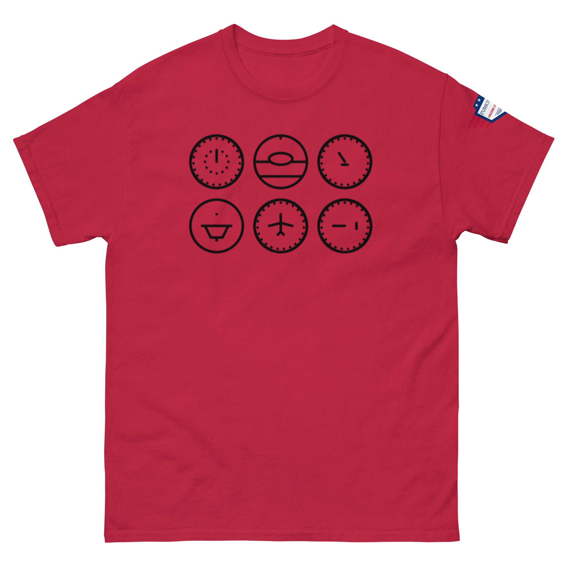 Front view of red unisex t-shirt with bold black clock emoji designs in 2x3 grid, US flag label