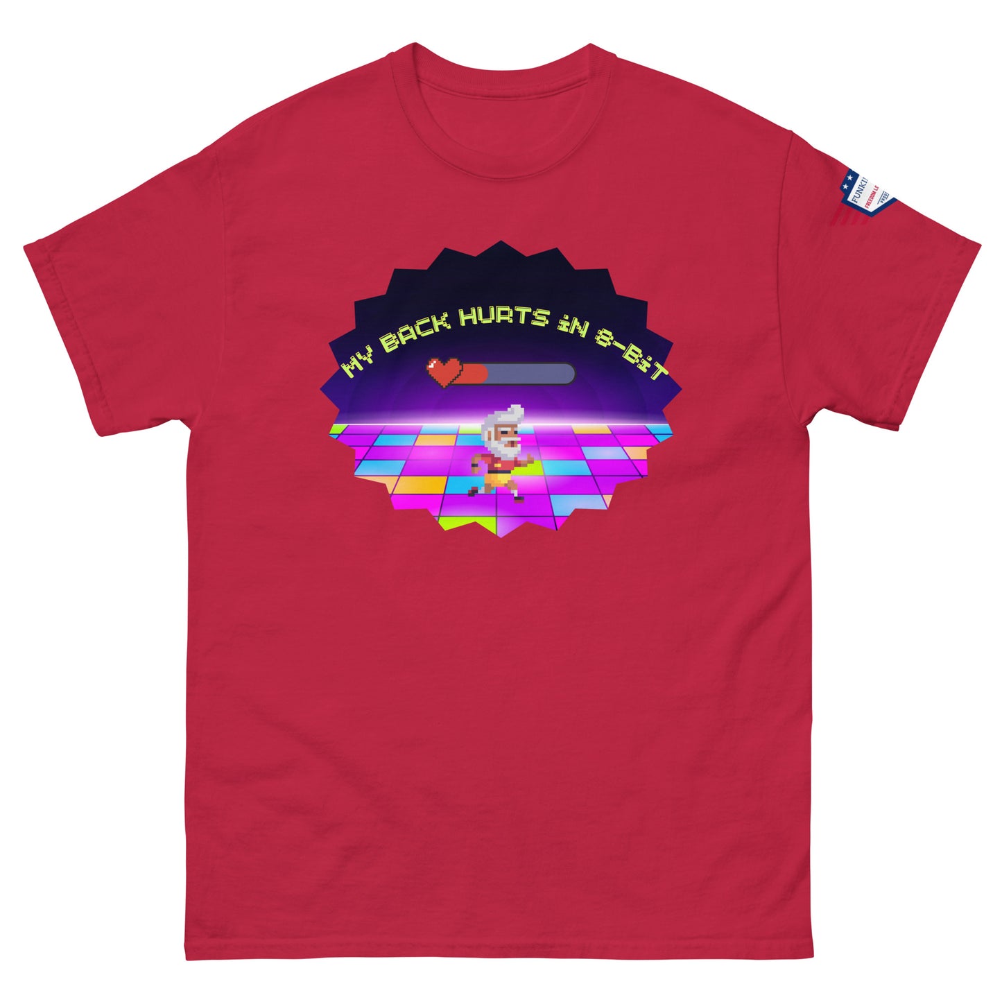 Front view of red unisex tee with "My Back Hurts 98%" 80s chef meme graphic and tiny USA sleeve patch