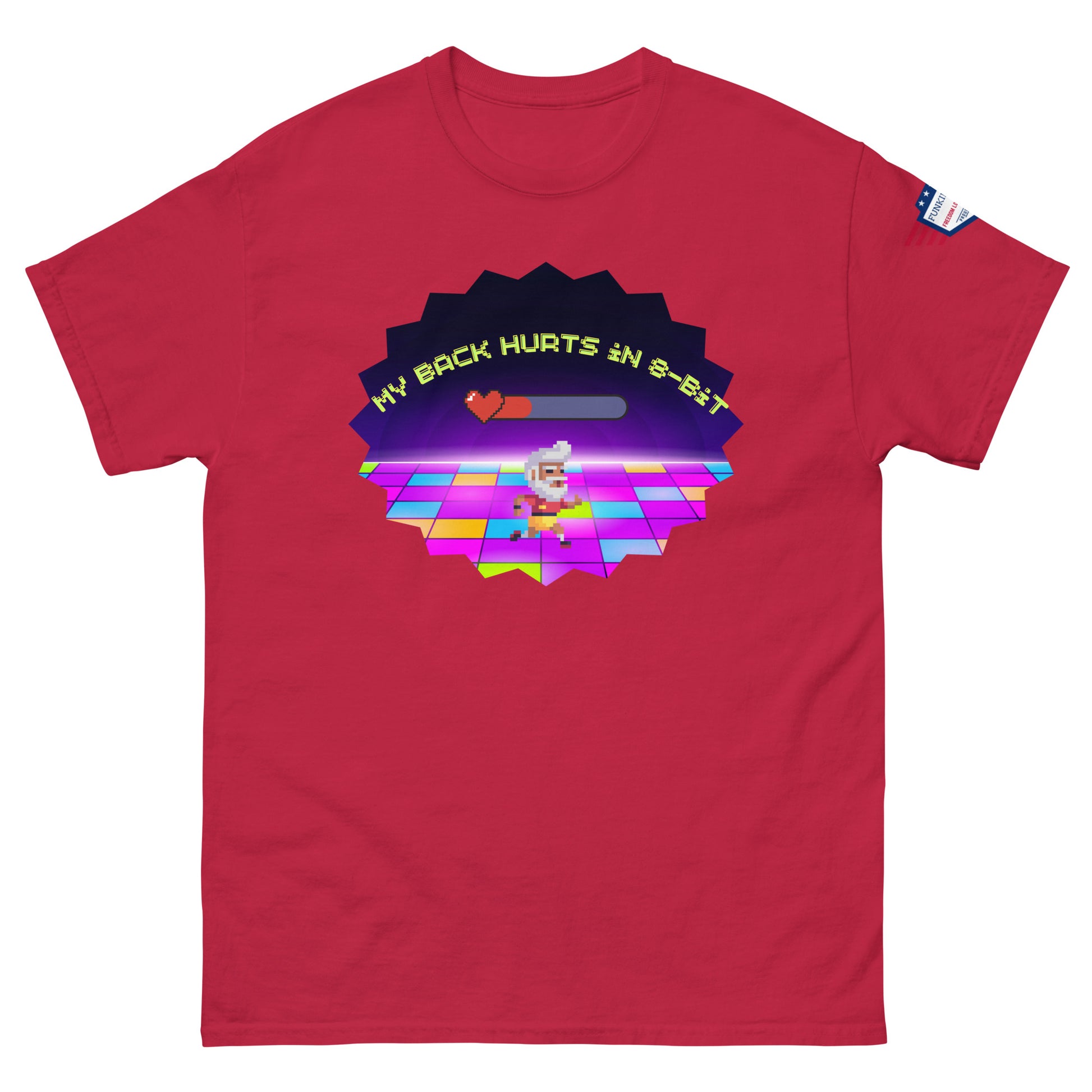 Front view of red unisex tee with "My Back Hurts 98%" 80s chef meme graphic and tiny USA sleeve patch