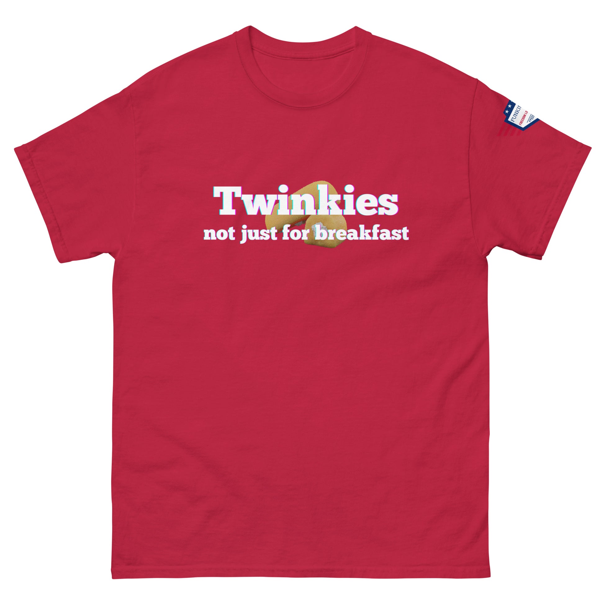 Front view of red unisex tee with rainbow "Twinkies" over Twinkie graphic and white "not just for breakfast" text, flag sleeve patch