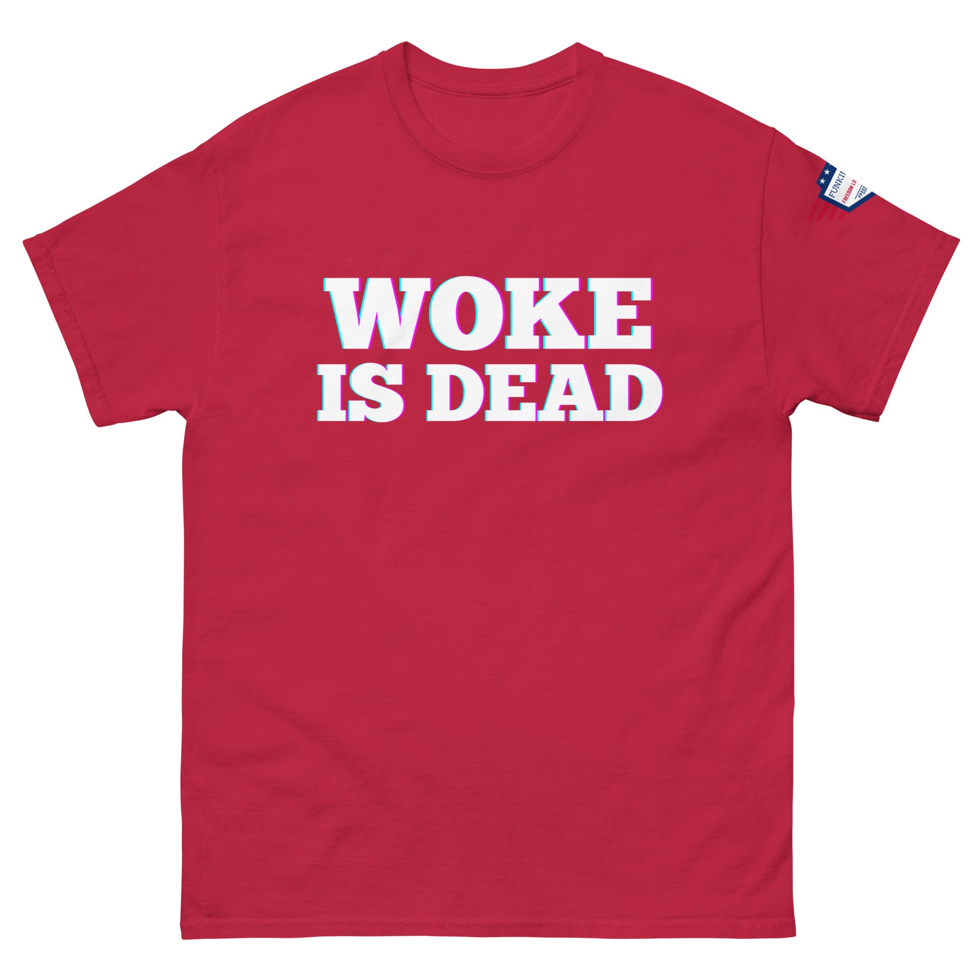 Front view of red unisex tee with edgy white "WOKE IS DEAD" glitch print and US flag on sleeve