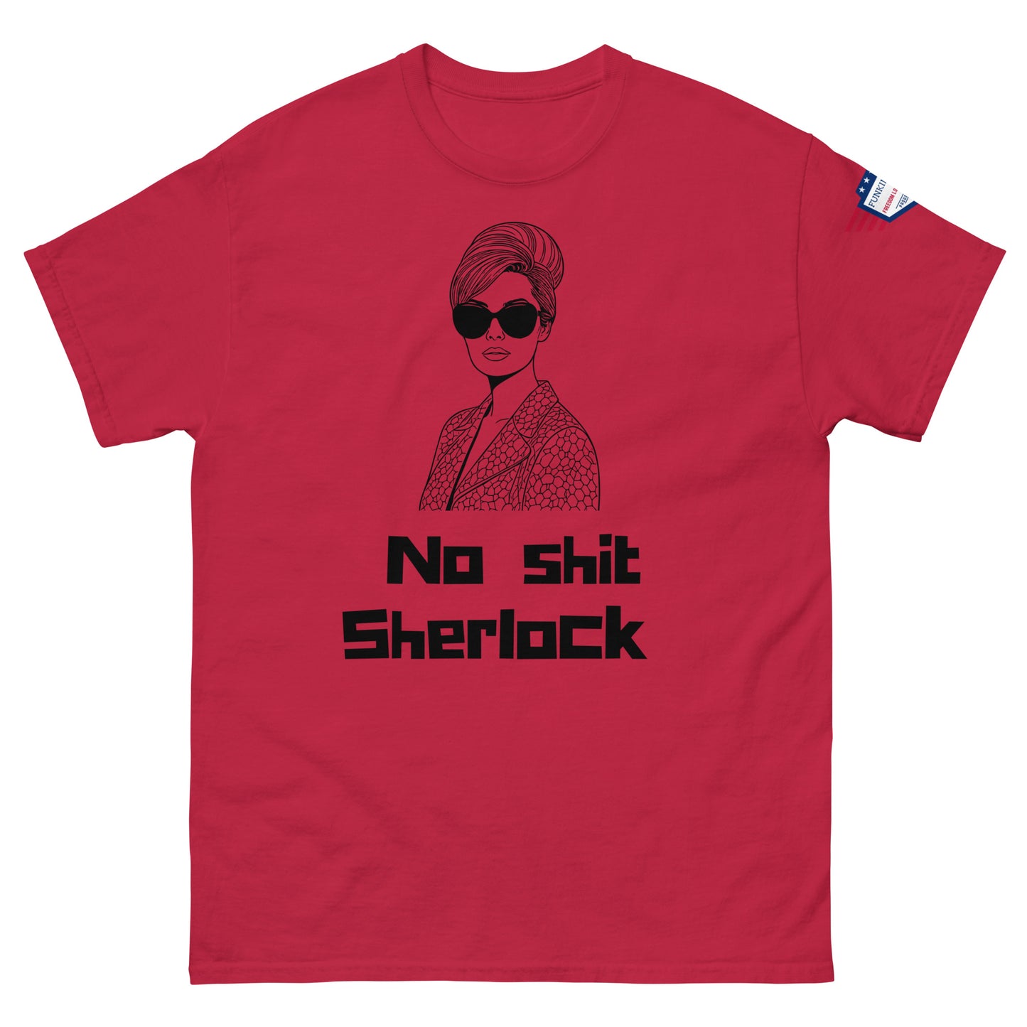 Front view of vibrant red unisex tee with sunglassed siren and "No shit Sherlock" meme