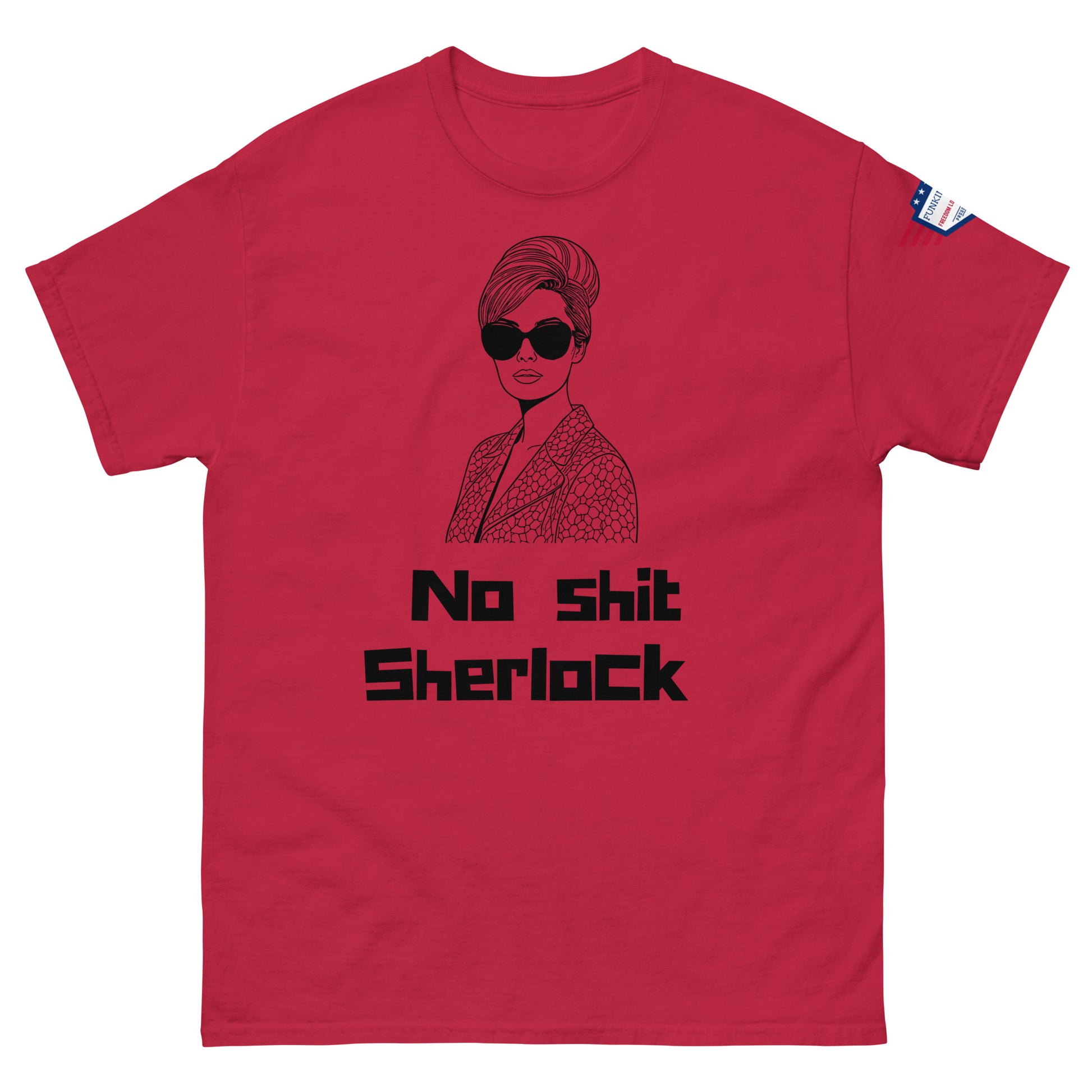 Front view of vibrant red unisex tee with sunglassed siren and "No shit Sherlock" meme