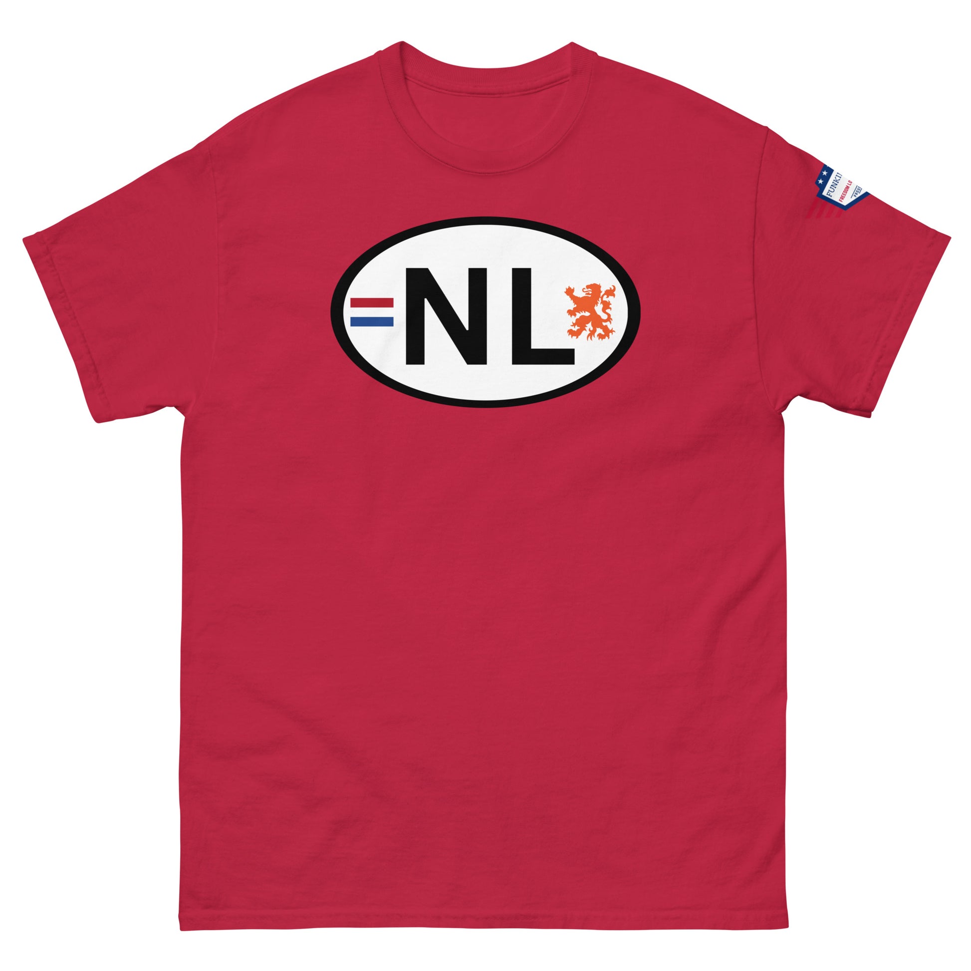 Front view of vibrant red unisex tee with standout white NL lion plate graphic, flag sleeve detail