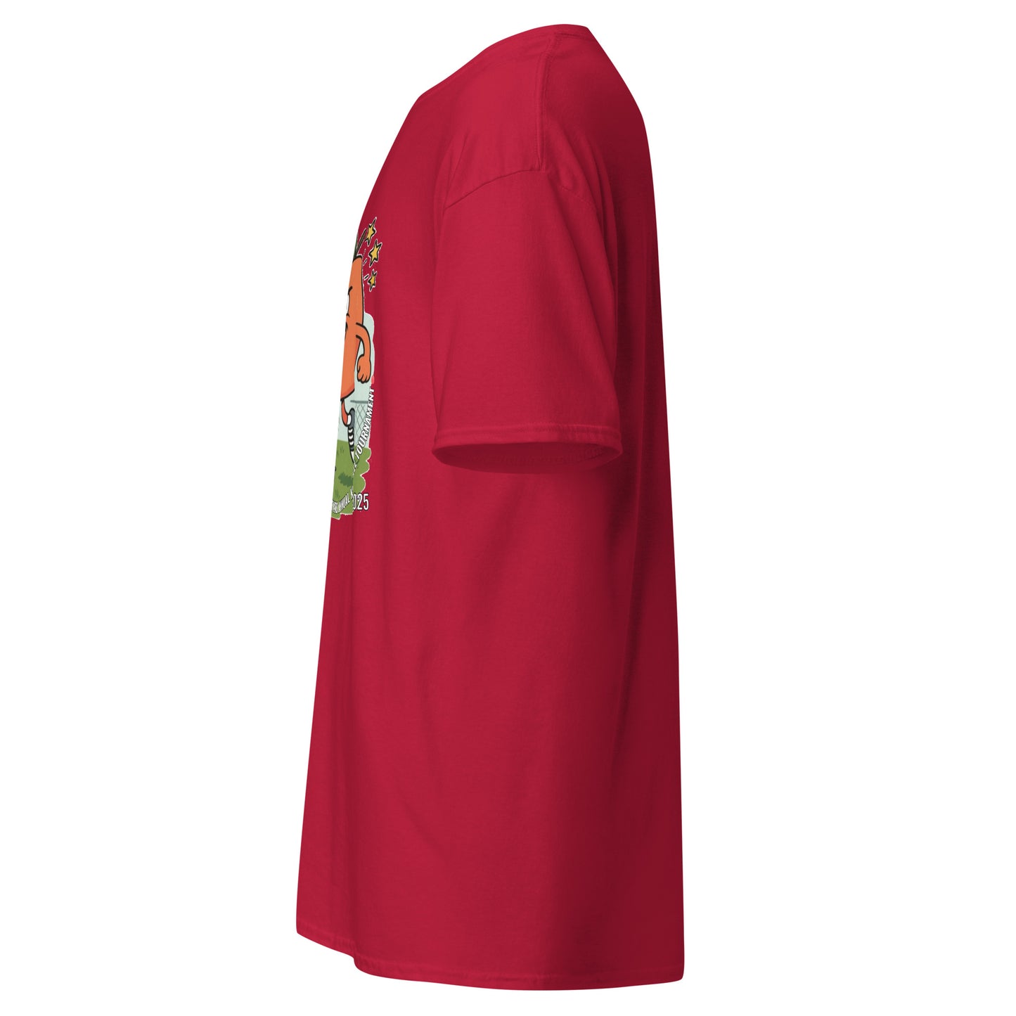 Right side view of red tee with partial "Georgia Rules" kickball design visible