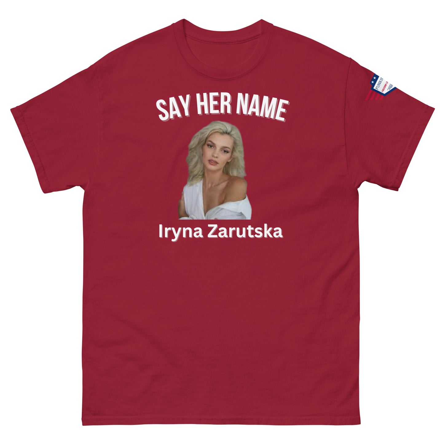 Front view of red "SAY HER NAME Iryna Zarzutska" meme tee with USA flag sleeve patch