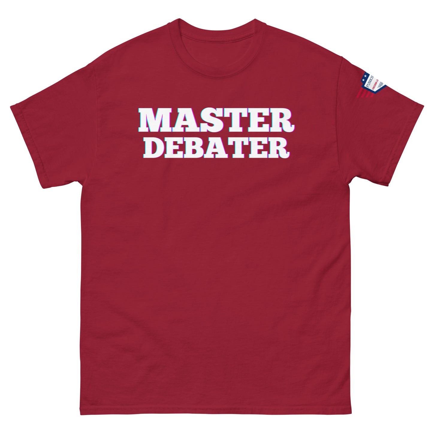 Front view of maroon unisex tee showing "MASTER DEBATER" in white with pinkish glow, US flag on sleeve