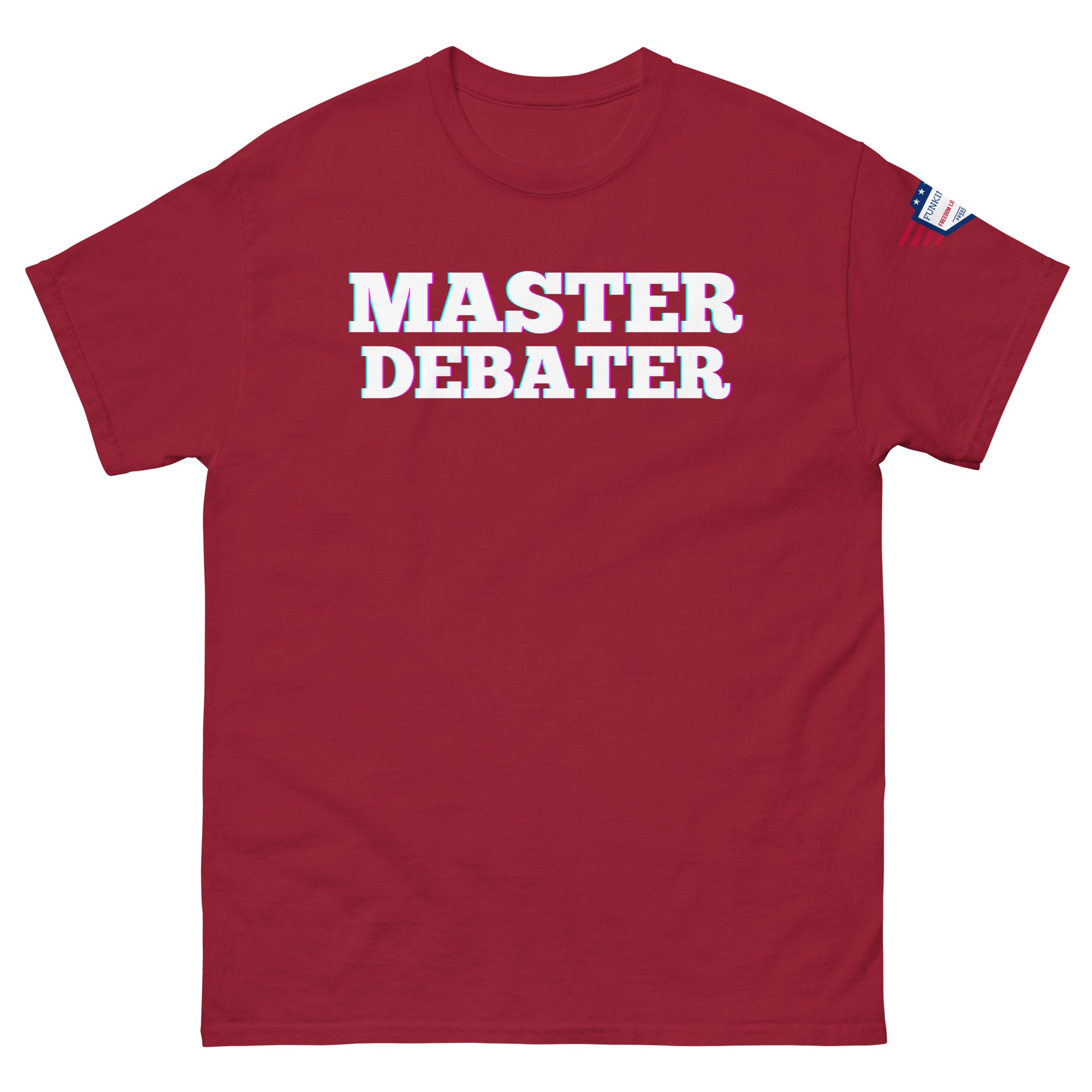 Front view of maroon unisex tee showing "MASTER DEBATER" in white with pinkish glow, US flag on sleeve