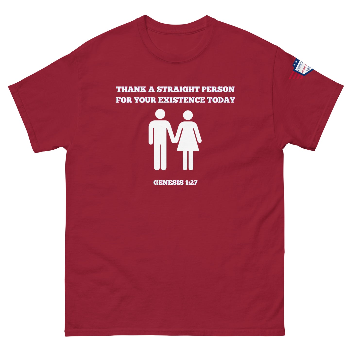 Red unisex t-shirt front: white "Thank a straight person..." print, male-female figures hand-in-hand, Genesis 1:27, patriotic sleeve tag