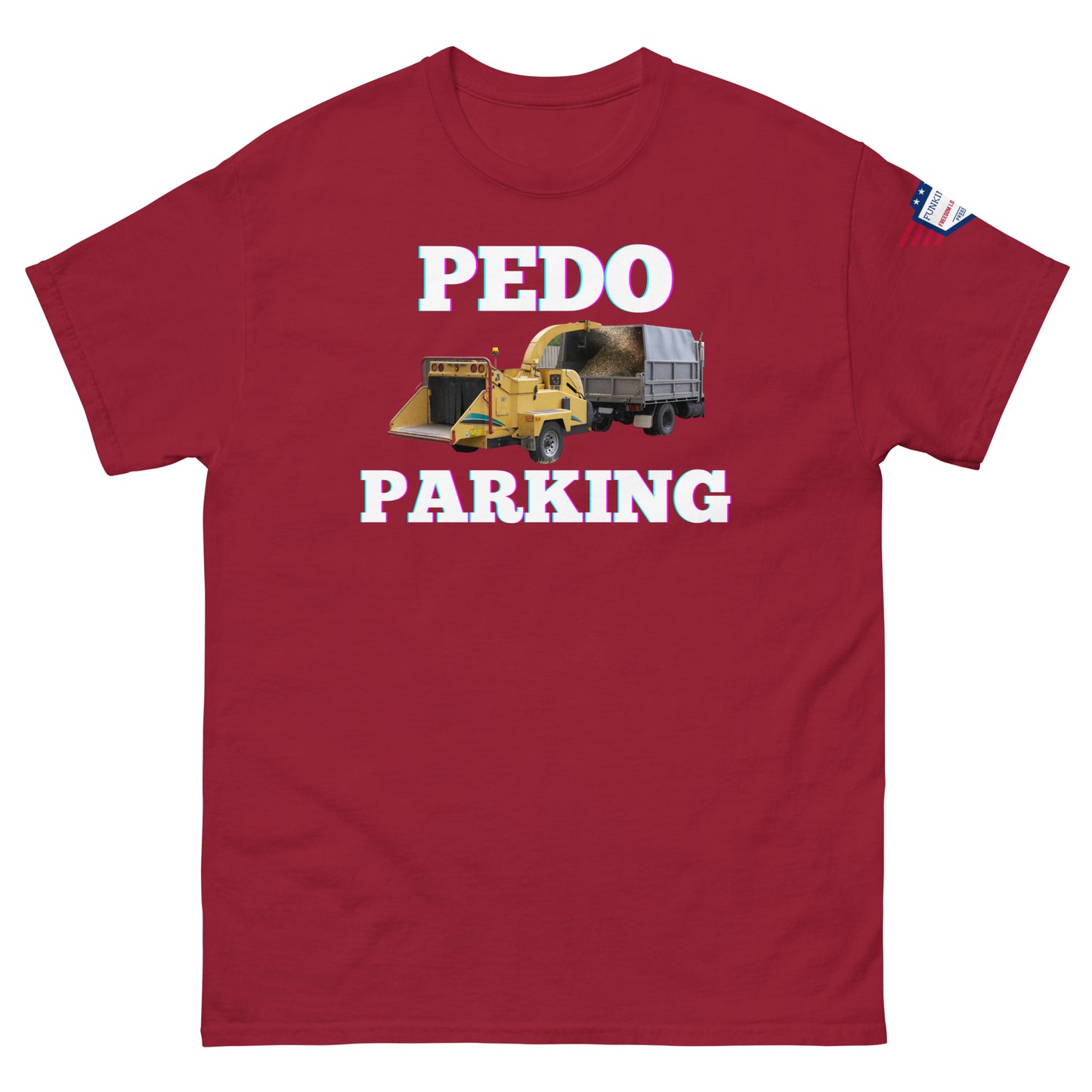 Front view of maroon unisex tee with pink-glow "PLOWDO PARKING" print, yellow plow truck graphic, USA flag sleeve patch