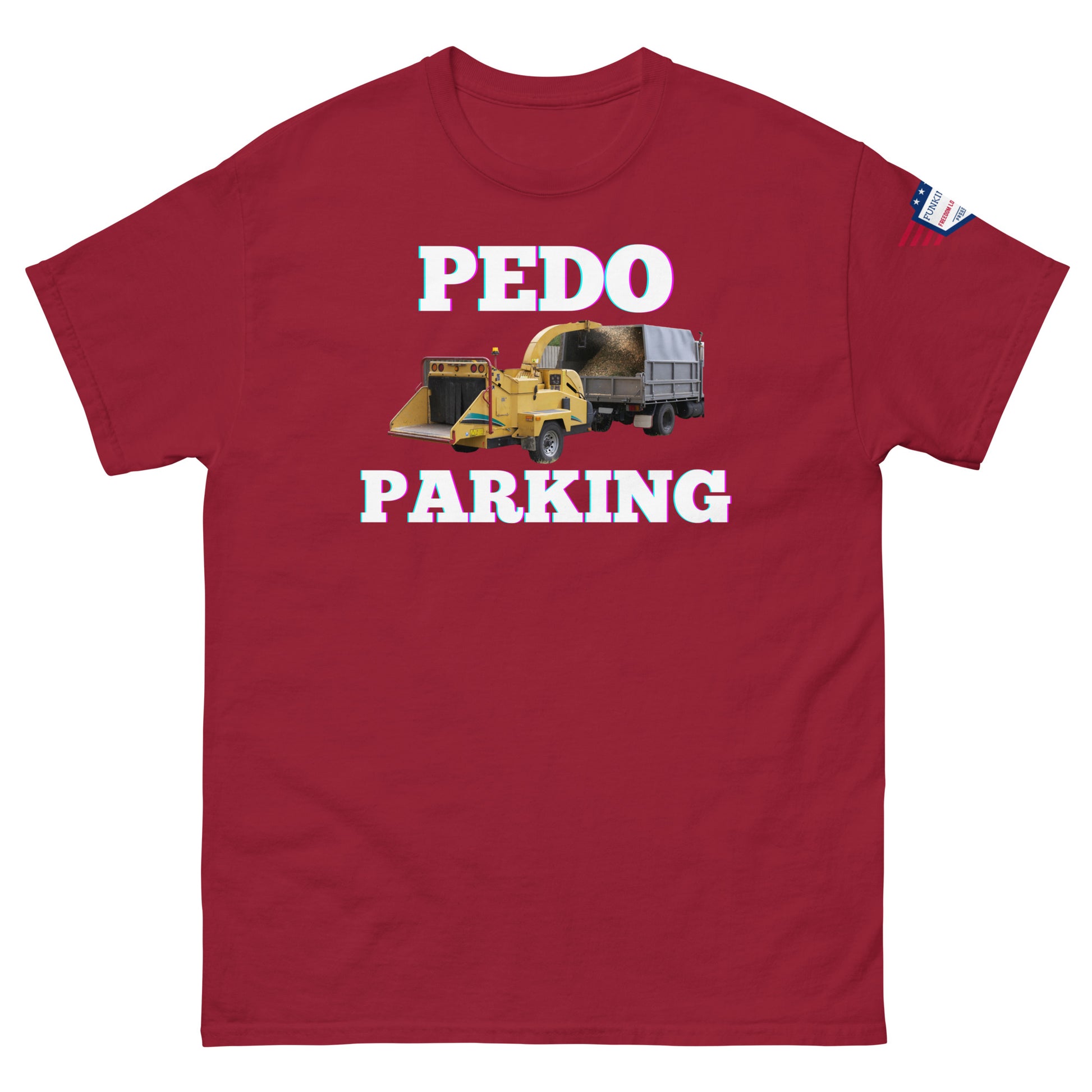 Front view of maroon unisex tee with pink-glow "PLOWDO PARKING" print, yellow plow truck graphic, USA flag sleeve patch
