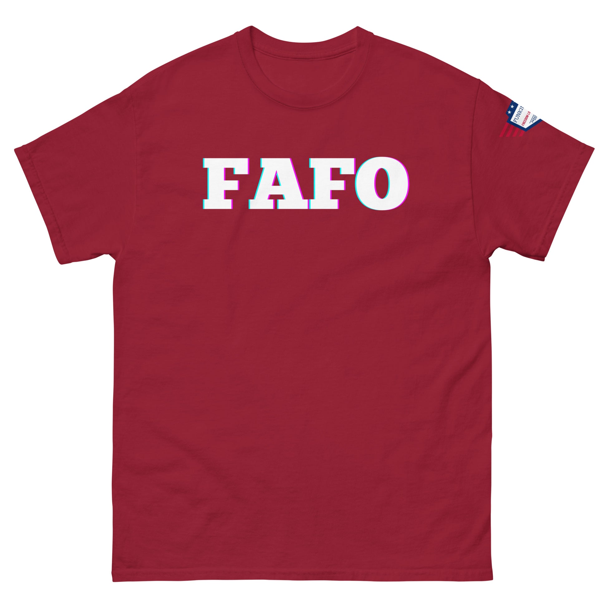 Front view of maroon red unisex T-shirt with bold white "FAFO" glitch graphic and US flag sleeve patch