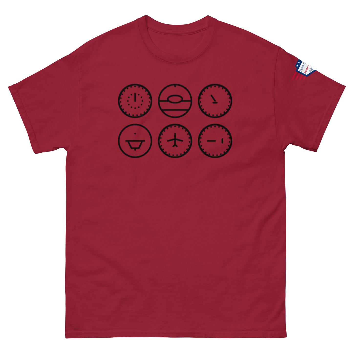 Maroon red tee front, six black line art clocks mocking your schedule