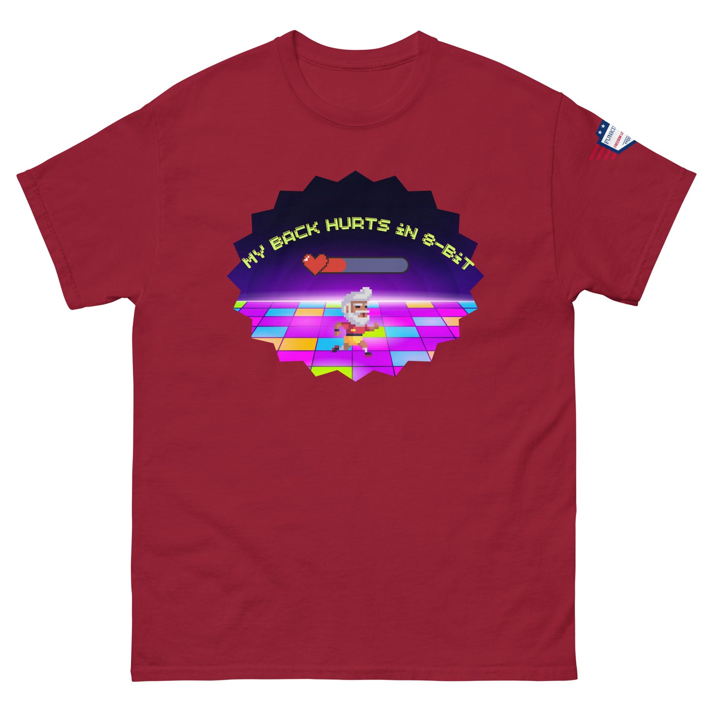 Maroon red unisex tee front, hilarious "My Back Hurts 98%" chef meme with disco vibes, USA sleeve flag