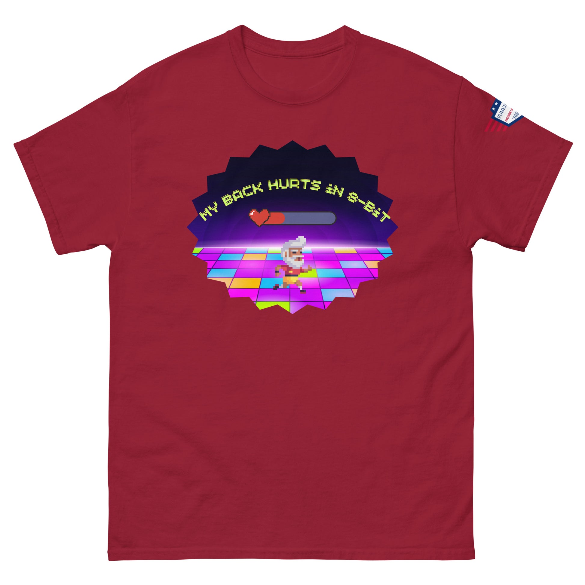 Maroon red unisex tee front, hilarious "My Back Hurts 98%" chef meme with disco vibes, USA sleeve flag