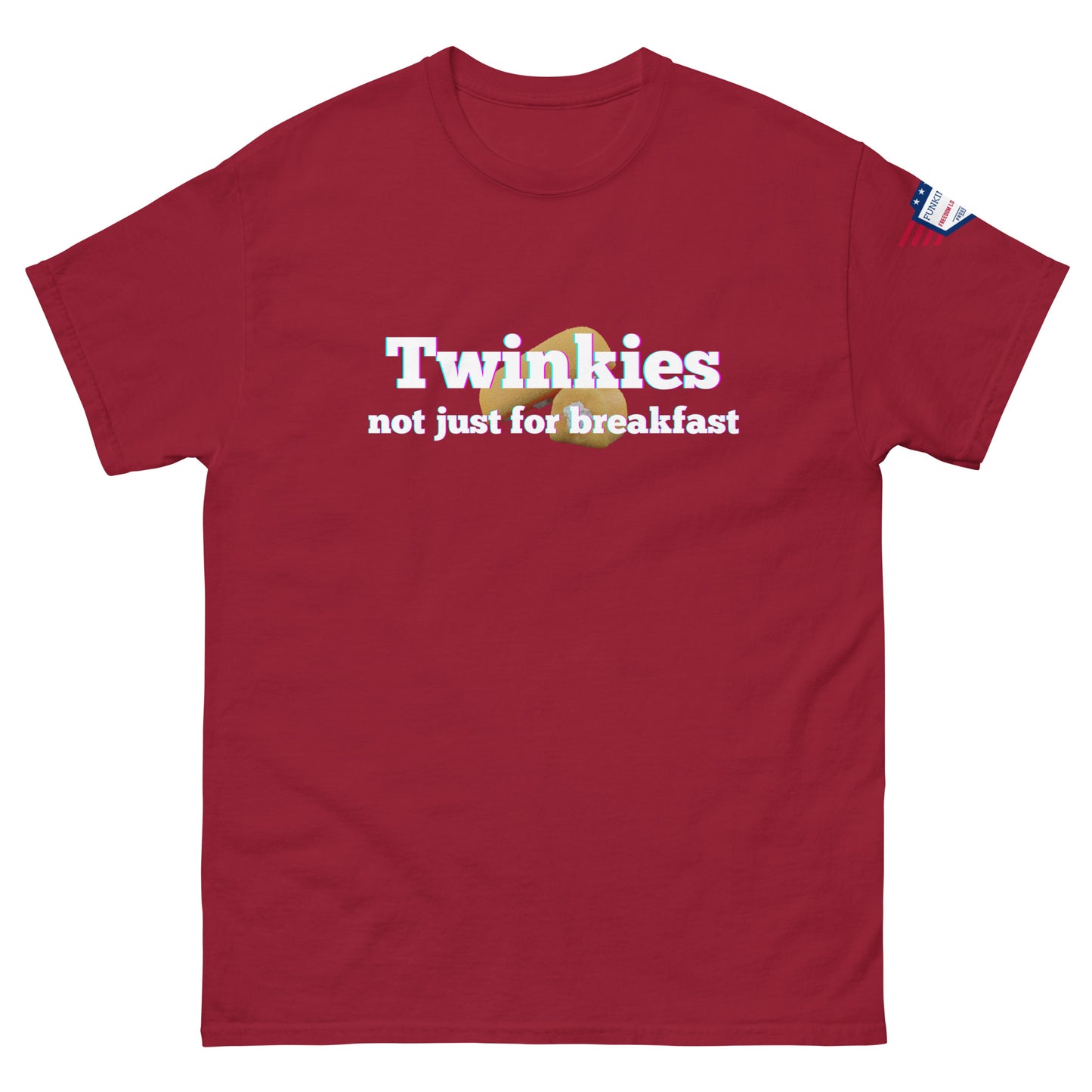 Front view of maroon unisex tee with "Twinkiesies" Twinkie design and "not just for breakfast" tagline, flag on sleeve