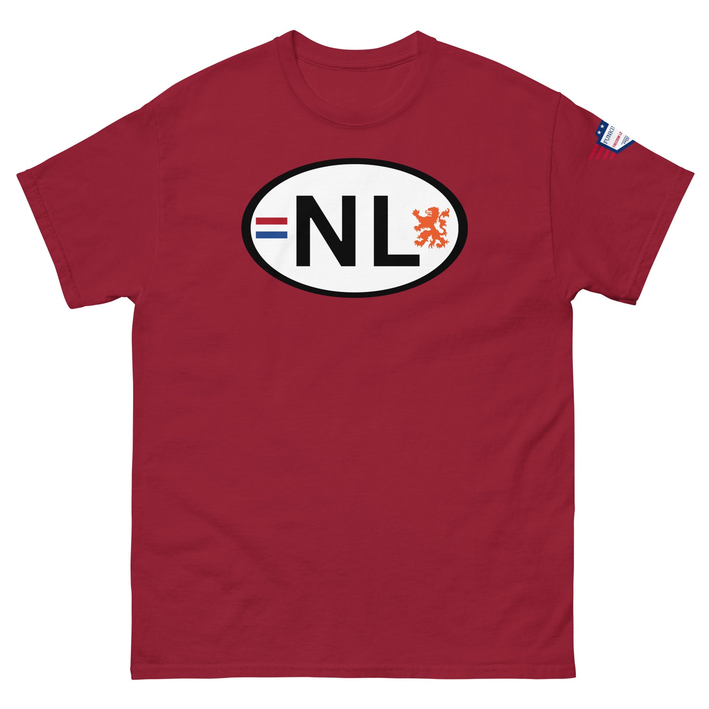 Front view of maroon unisex tee with crisp white oval "NL" Dutch plate print, orange lion detail, sleeve flag tag