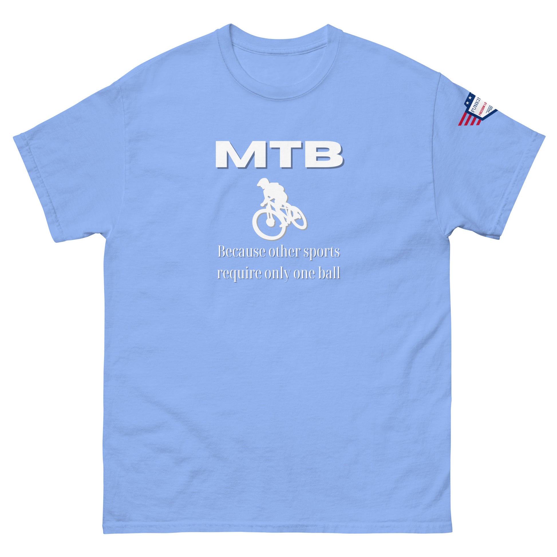 Front view of light blue unisex t-shirt printed white "MTB", MTB graphic, "Because other sports require only one ball", flag sleeve detail