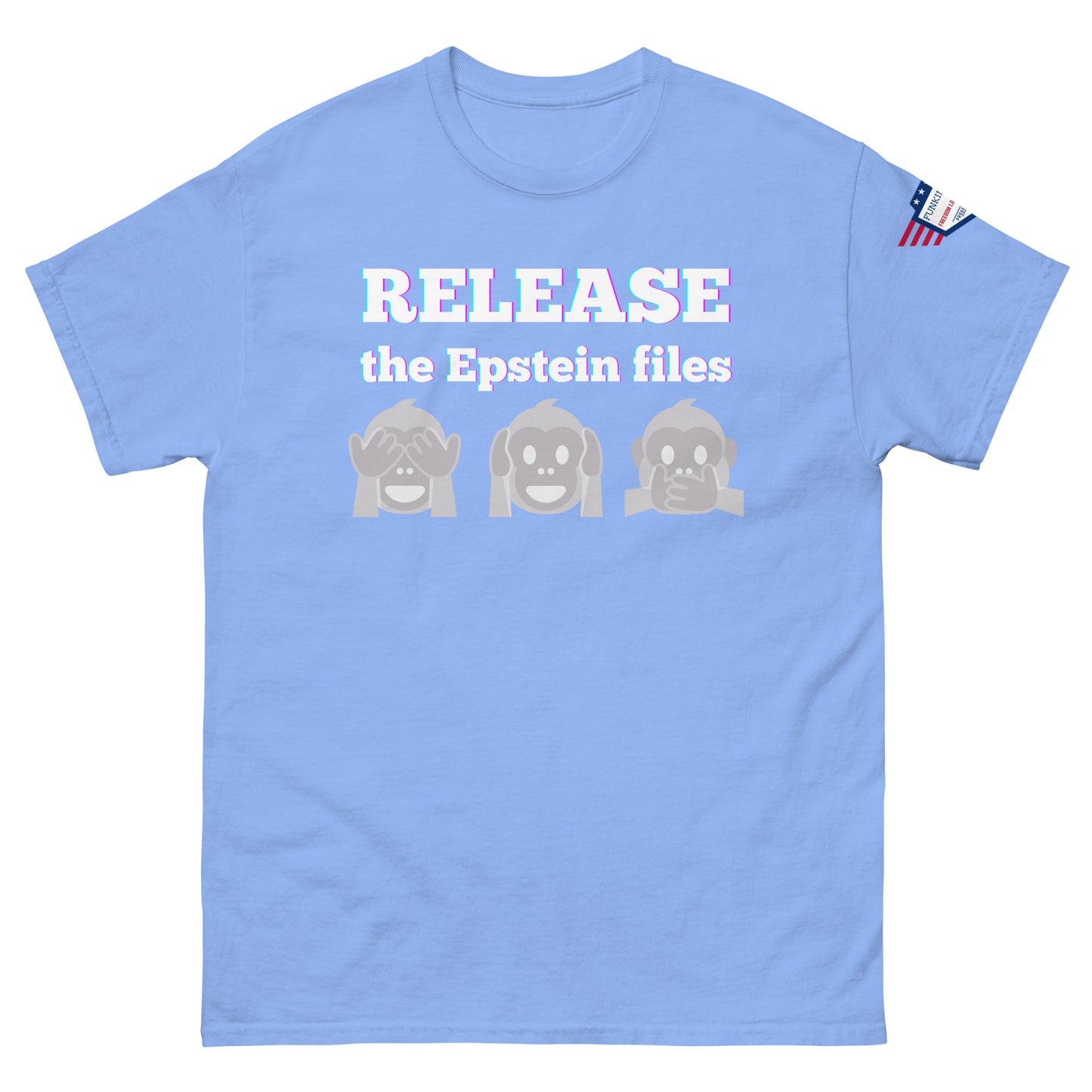 Front view of light blue unisex t-shirt demanding "RELEASE the Epstein files" with gray monkey emojis, USA flag patch