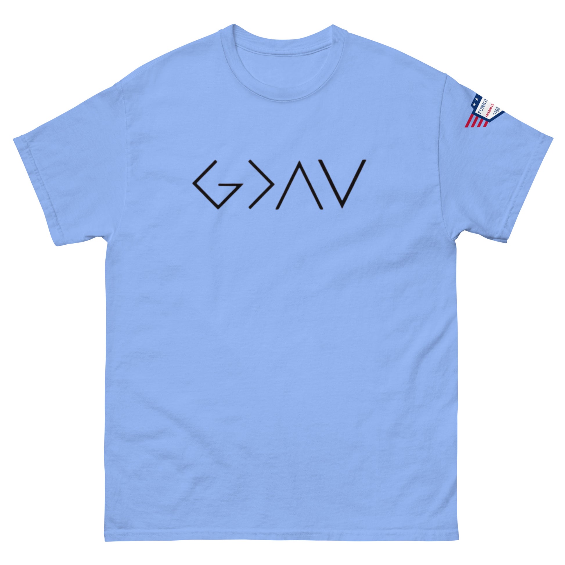 Front view of light blue unisex t-shirt with bold black "God > All" print and US flag sleeve patch