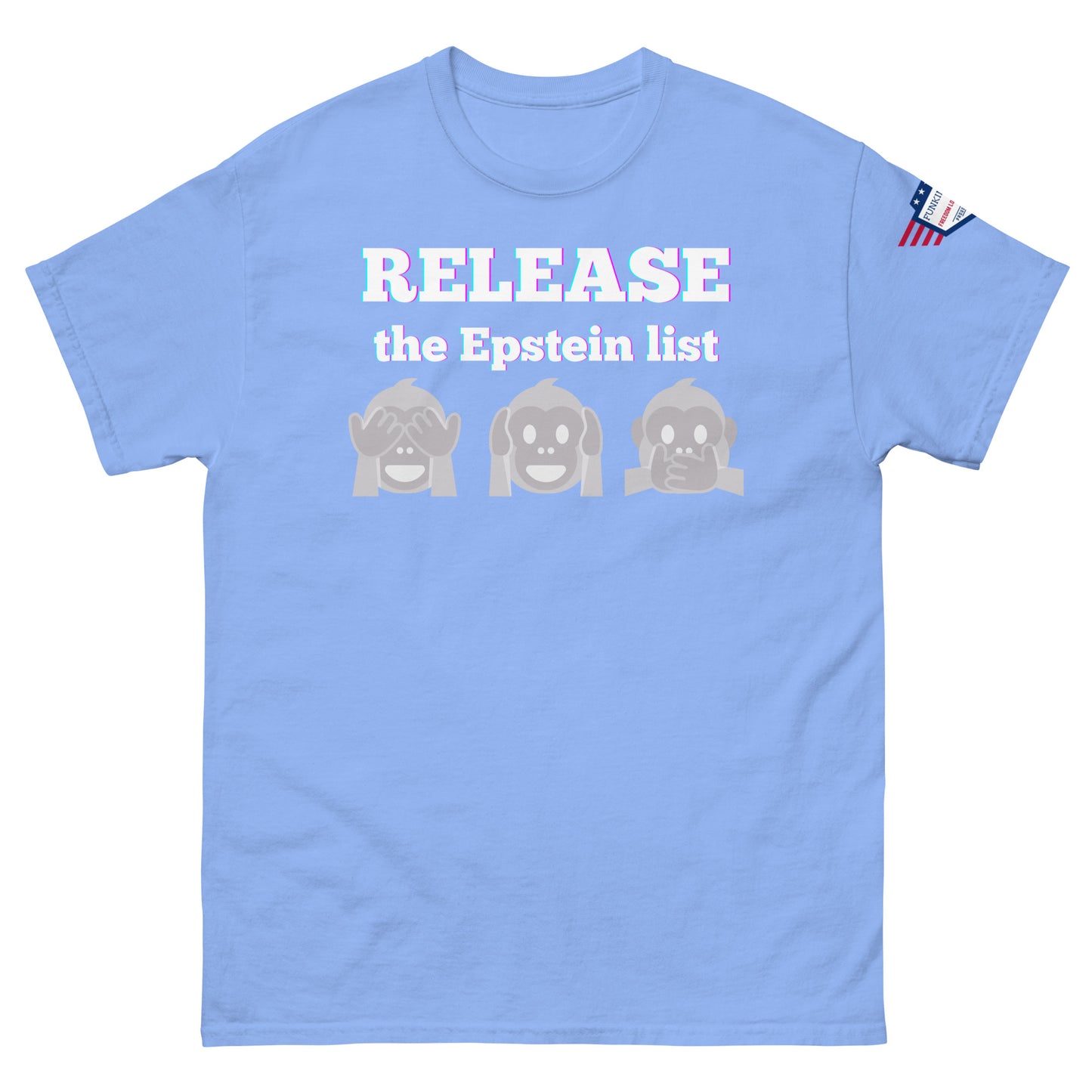 Light blue unisex tee front view, glowing "RELEASE THE EPSTEIN LIST" print with gray monkey emojis, US flag sleeve patch