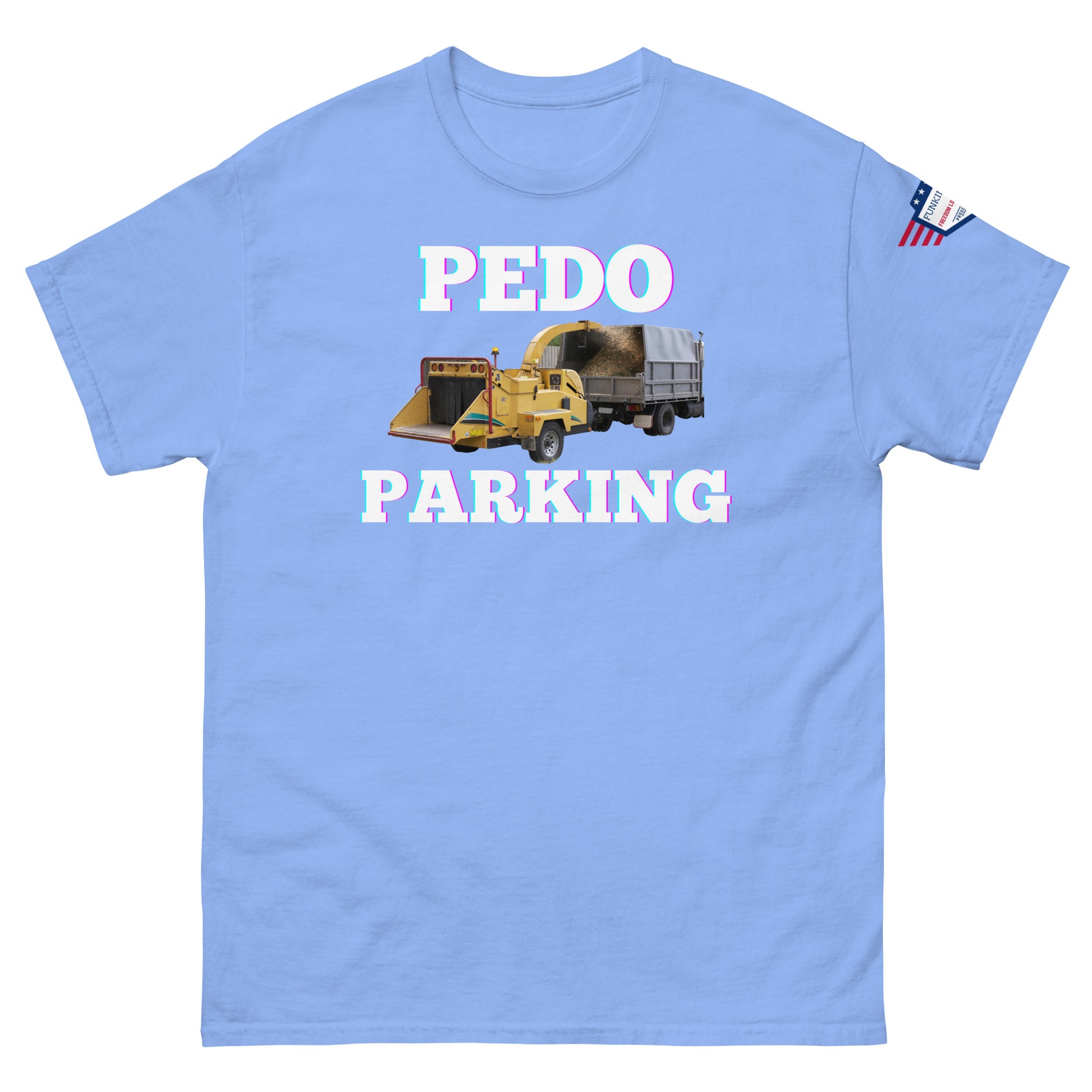 Front view of light blue tee showing "PEDODO PARKING" yellow truck meme and sleeve flag
