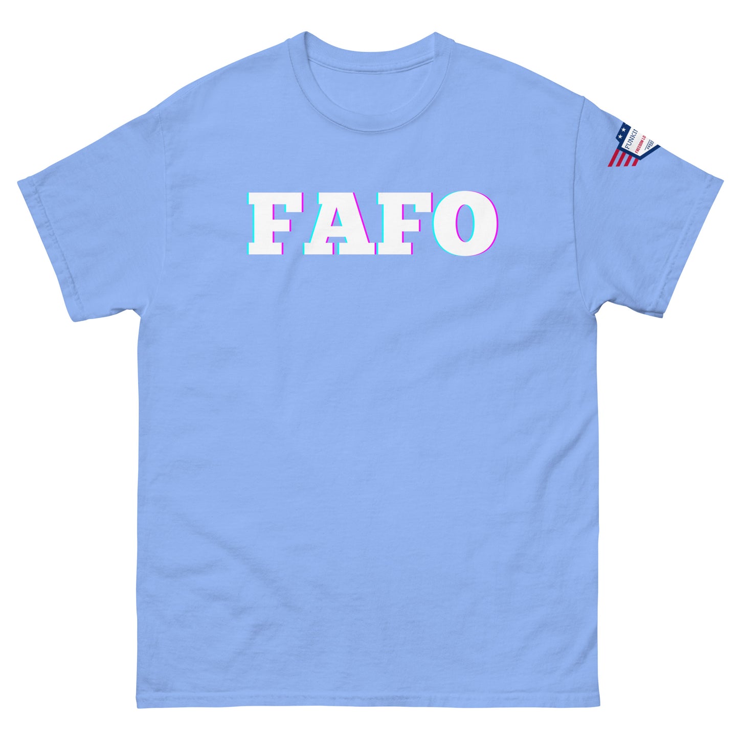 Front view of sky blue unisex tee with vibrant "FAFO" glitch graphic and US flag on right sleeve